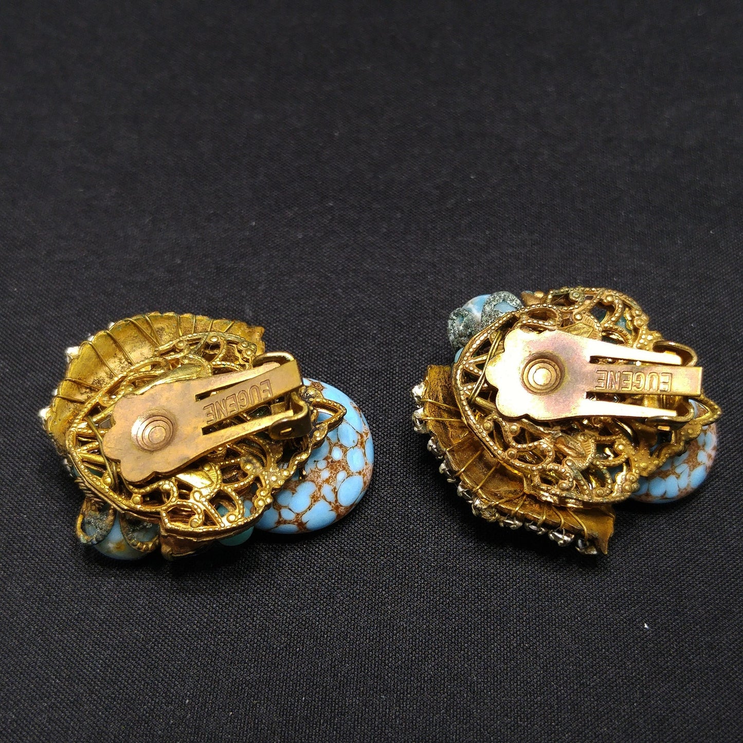 Eugene Rhinestone Art Glass Clip Earrings, Designed for Miriam Haskell, 1950s Vintage Jewelry