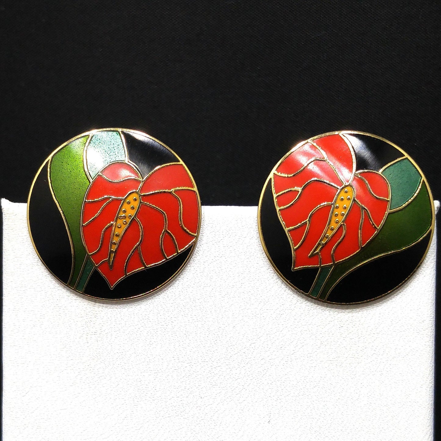 Vintage Laurel Burch Red "Antherium" Post Earrings, Gold Plated