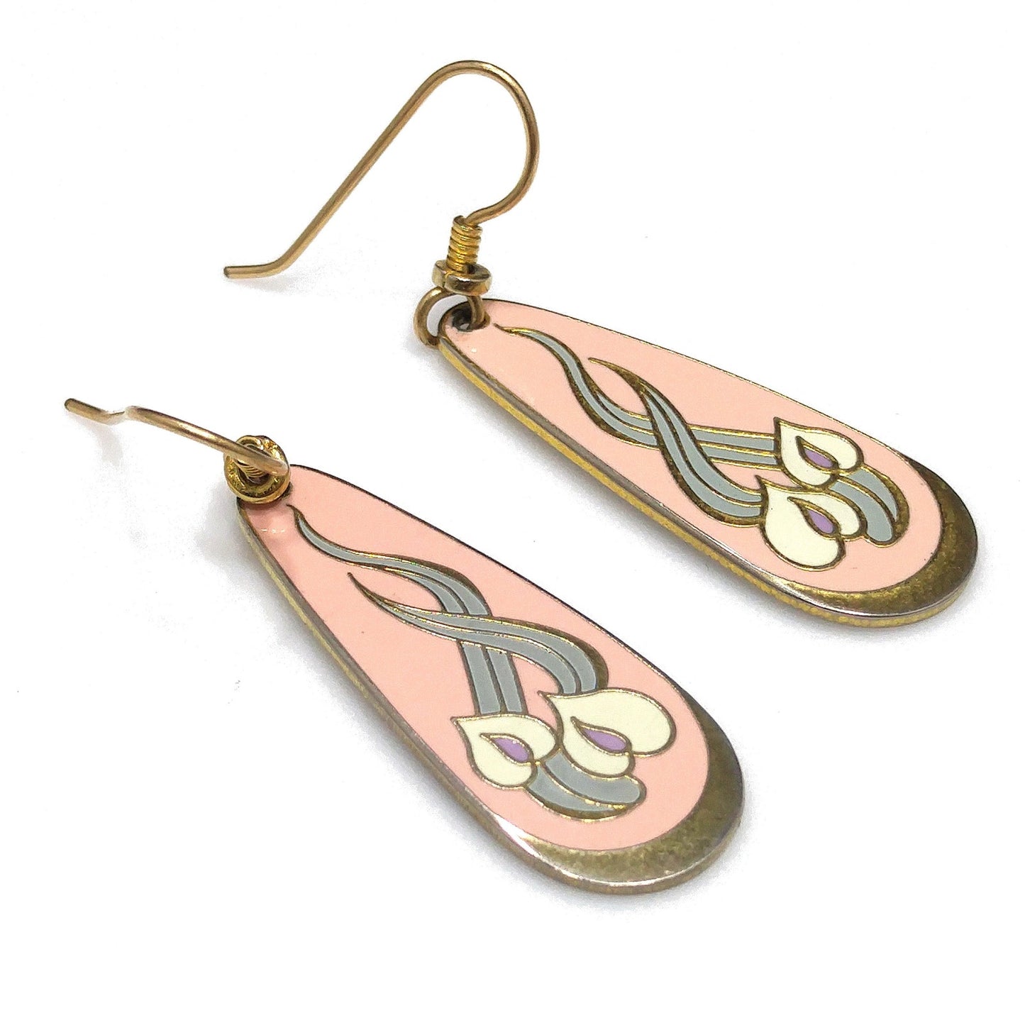 Laurel Burch "Wild Anthurium" Pink Dangle Earrings, Gold Plated, Cloisonné Enamel, 1980s Vintage Jewelry