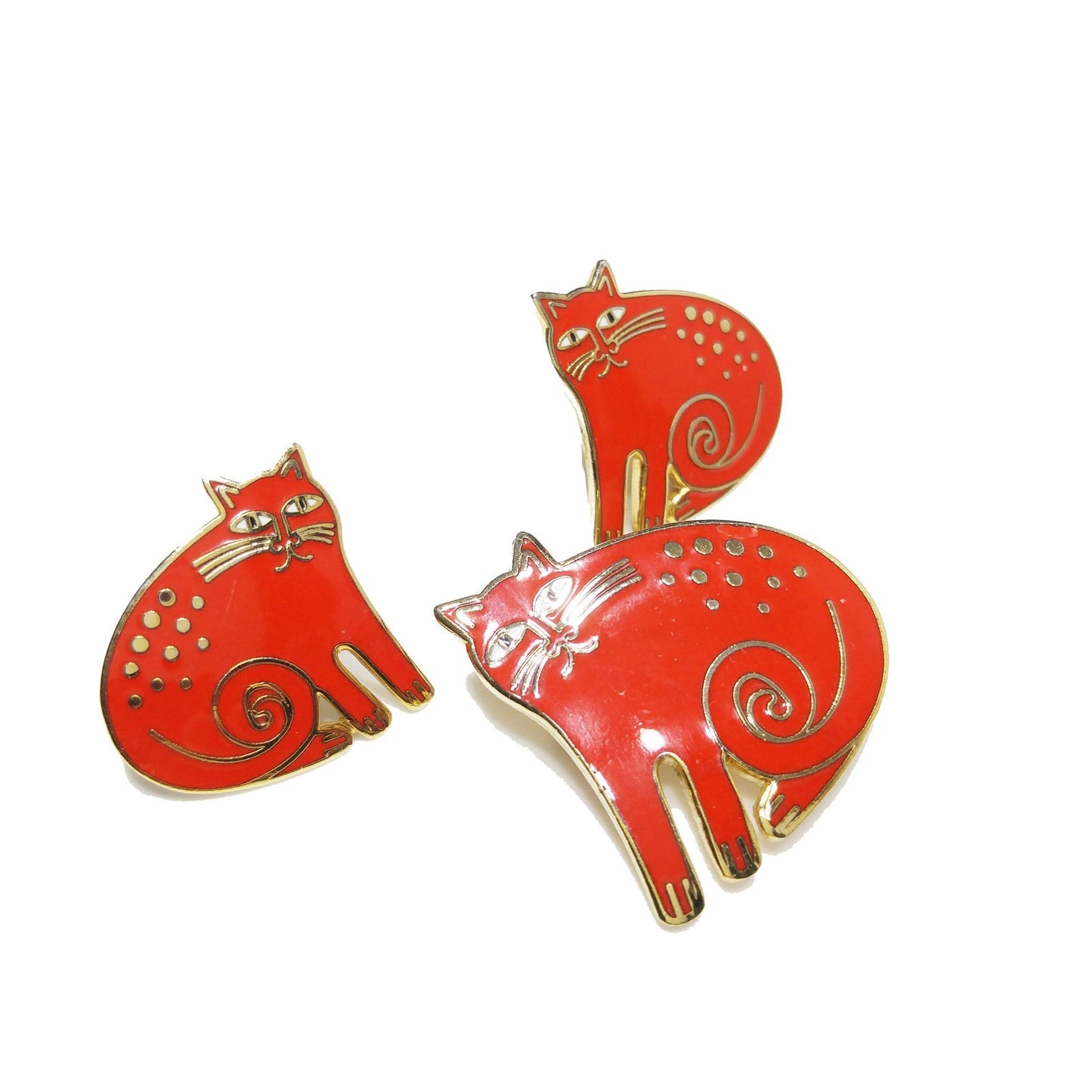 Laurel Burch "Keshire Cat" Red Enamel Brooch & Post Earrings, Gold Plated Cloisonne