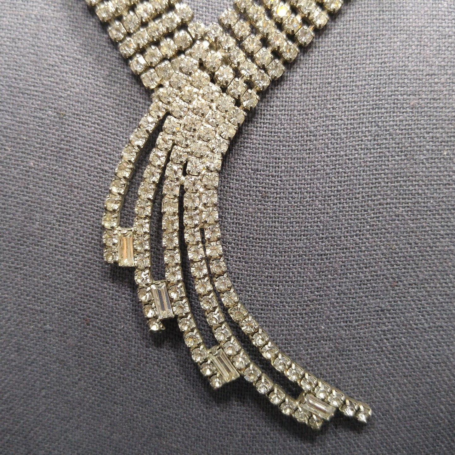 Vintage 1950s Rhinestone Statement Necklace – Five Strand Fringe Drop – Clear Crystal Bridal Jewelry