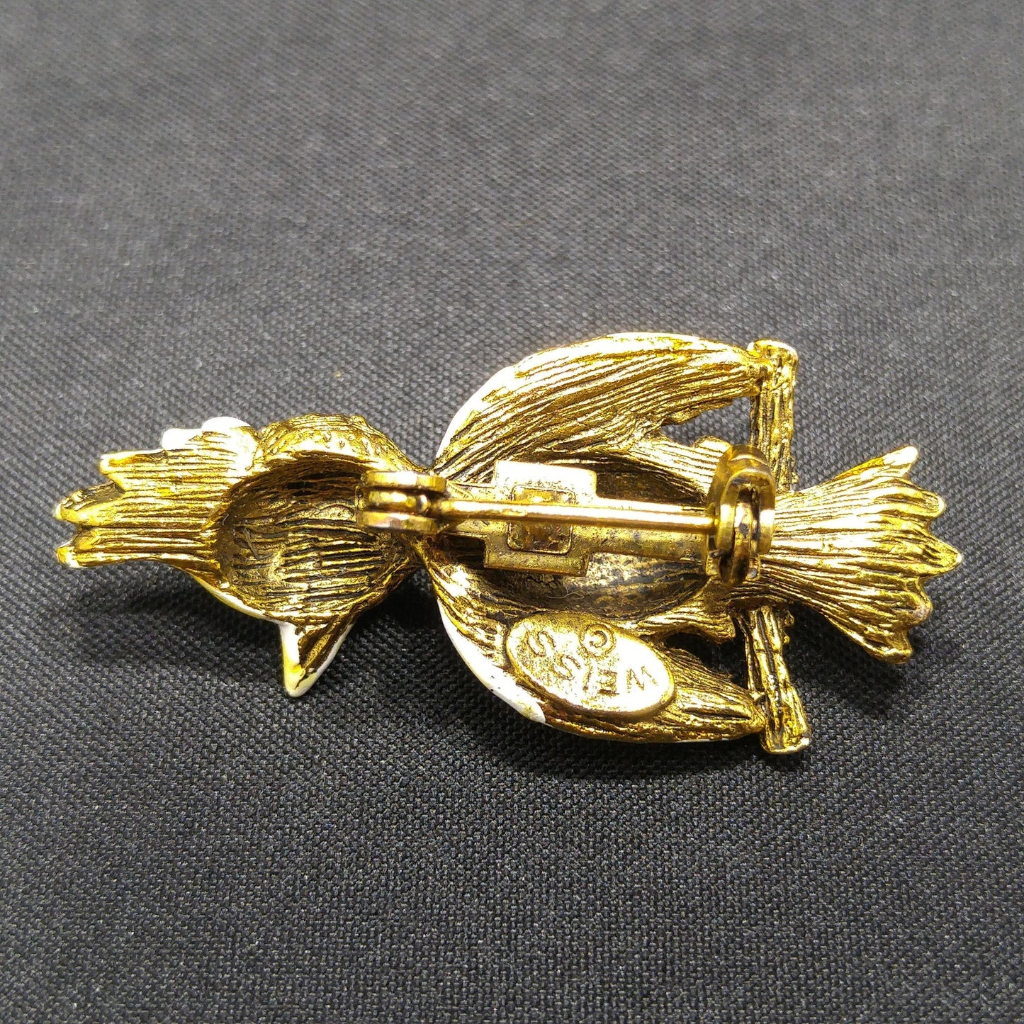 Vintage Weiss Yellow Enamel Bird Brooch, Faux Pearls, 1940s