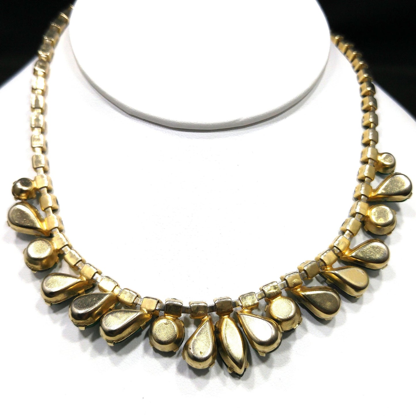 Vintage Emerald Green Rhinestone Choker Necklace, Gold Plated, 14 3/4 Inches, 1960s Vintage Jewelry