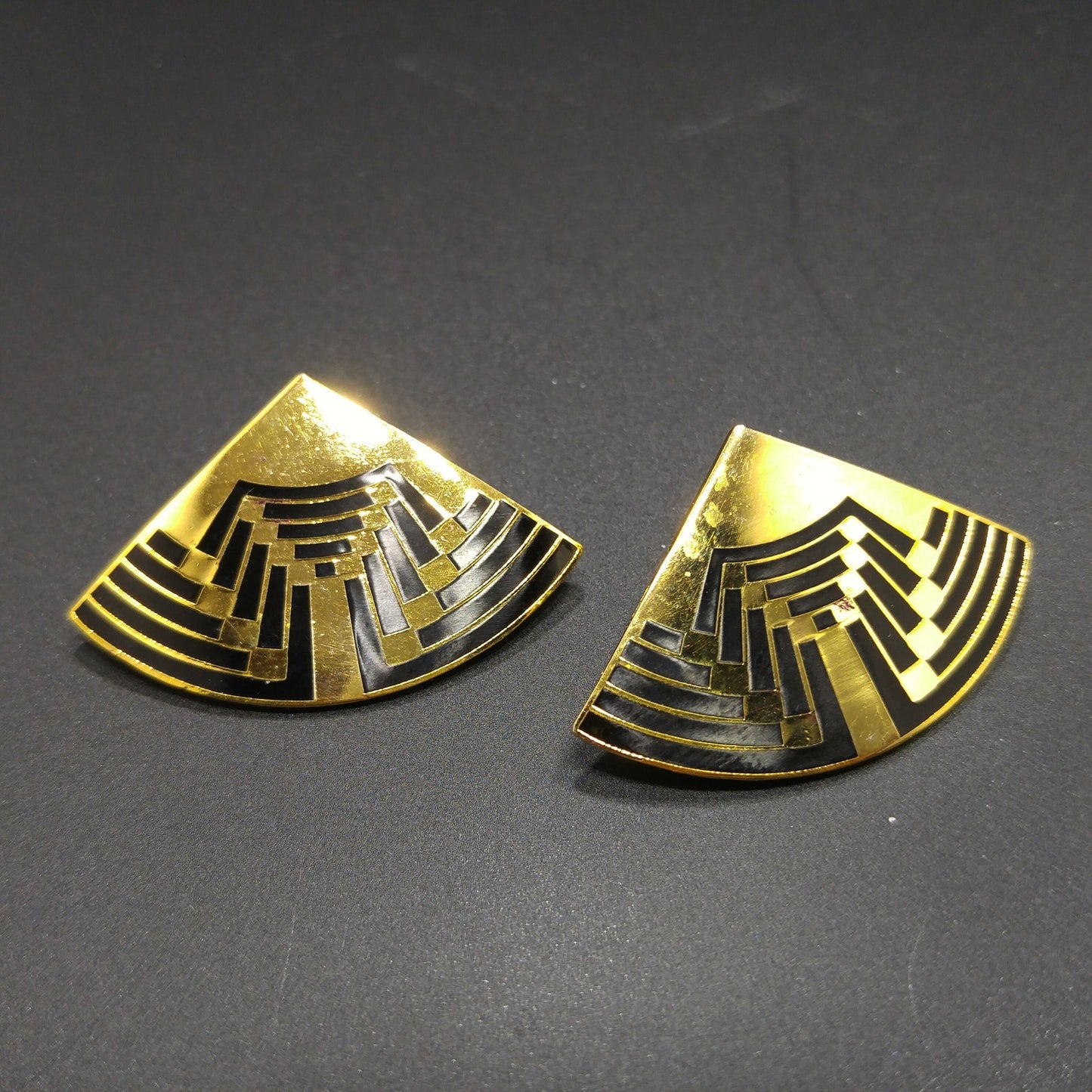 Vintage Laurel Burch Large Fan Post Earrings, Black Enamel, Gold Plated