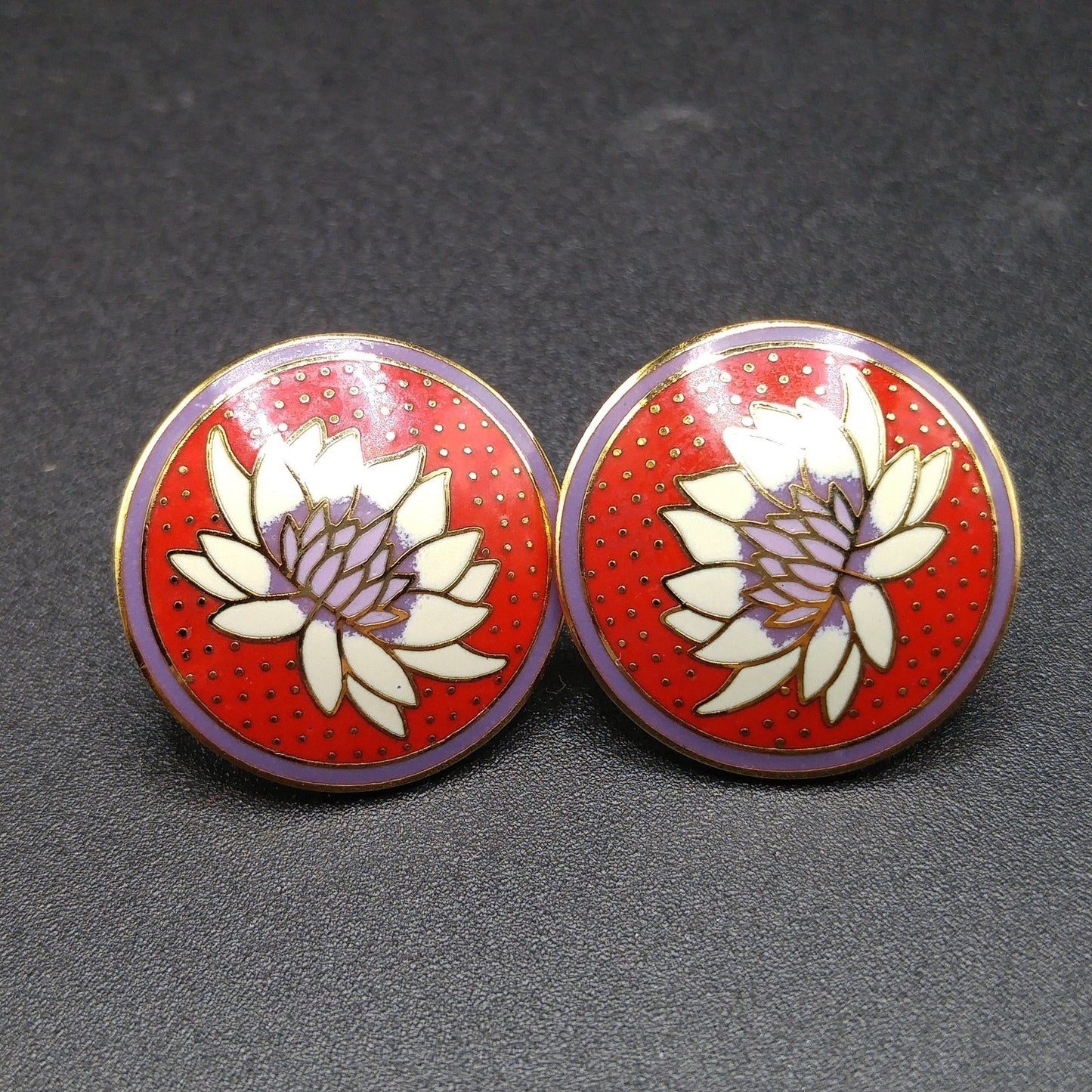 Vintage Laurel Burch "Tibetan Lily" Post Earrings, Red White Purple Enamel