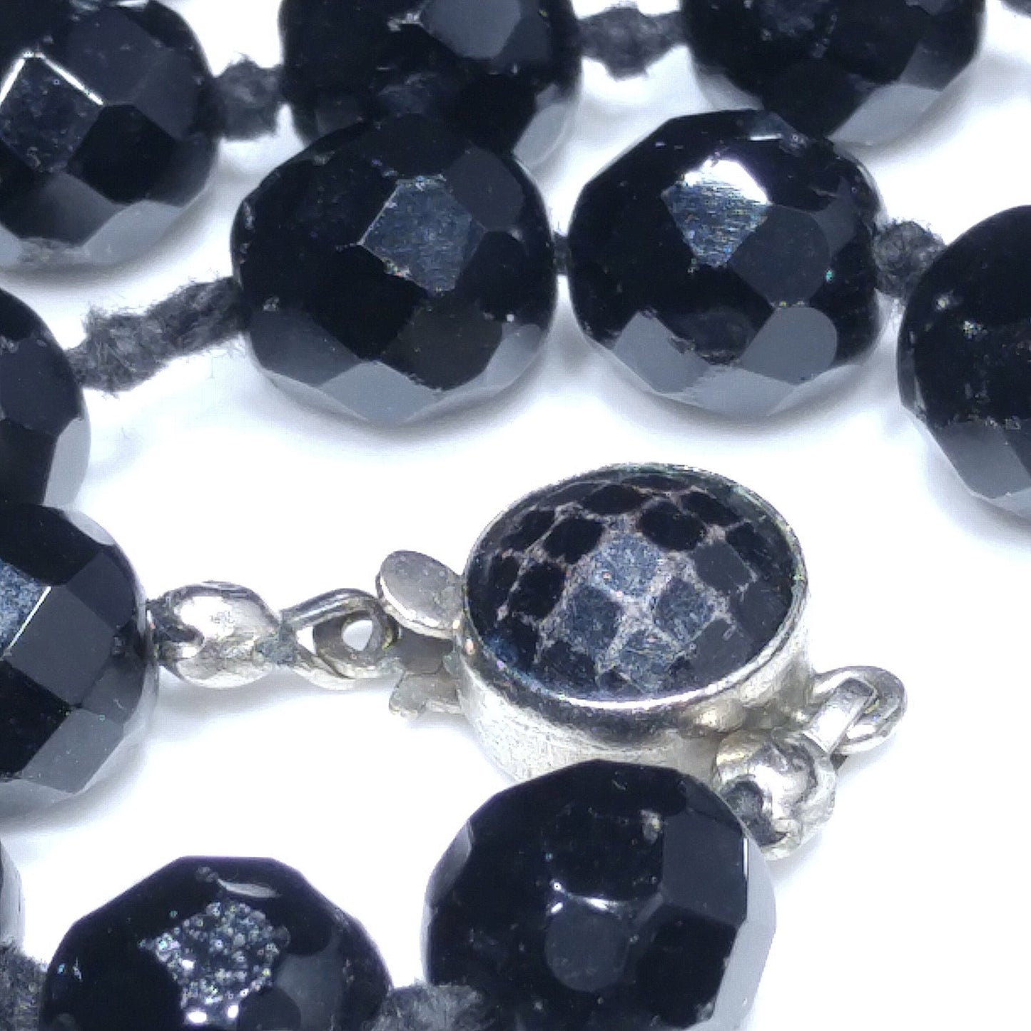 Black Crystal Beaded Necklace, Made in Austria, Hand Knotted, 1920s Vintage
