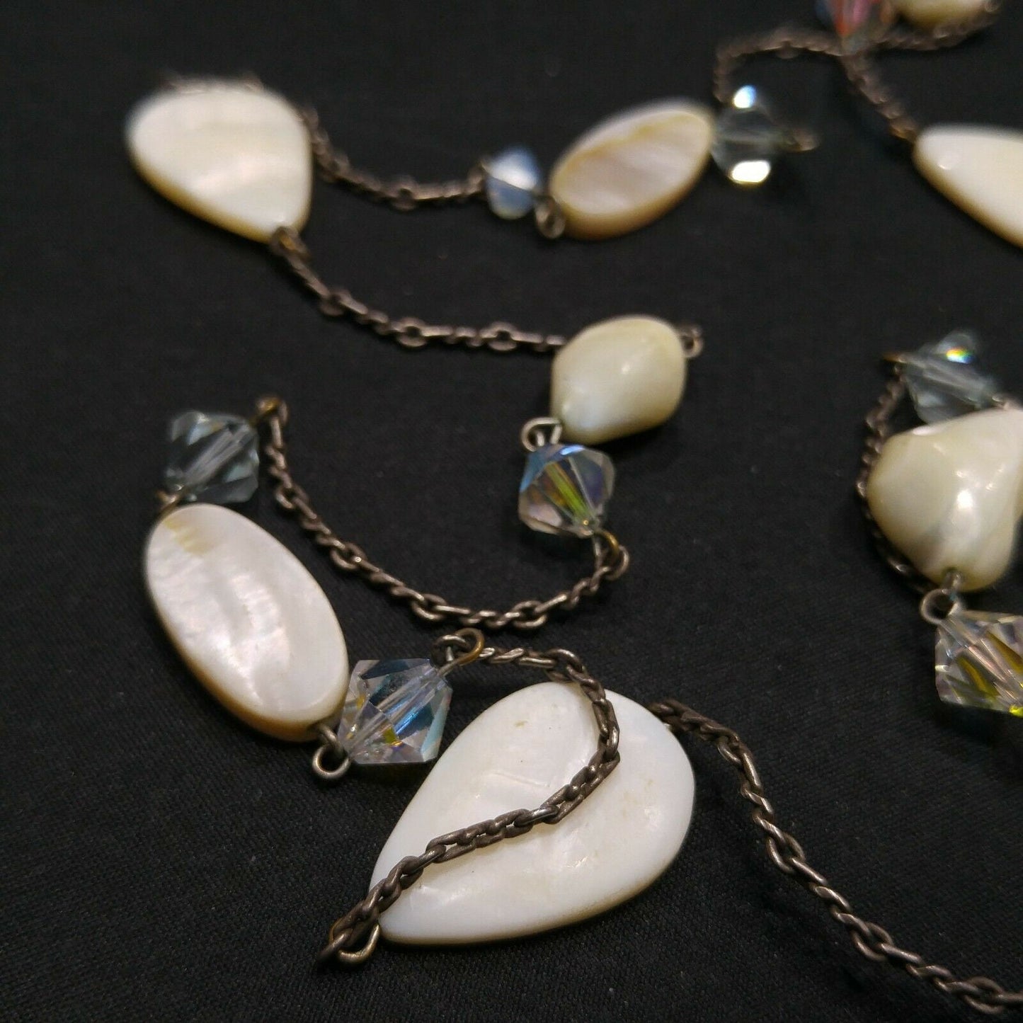 Liz Palacios S.F. White Shell & Crystal Long Necklace, 42 Inch Layering Necklace, Vintage Jewelry