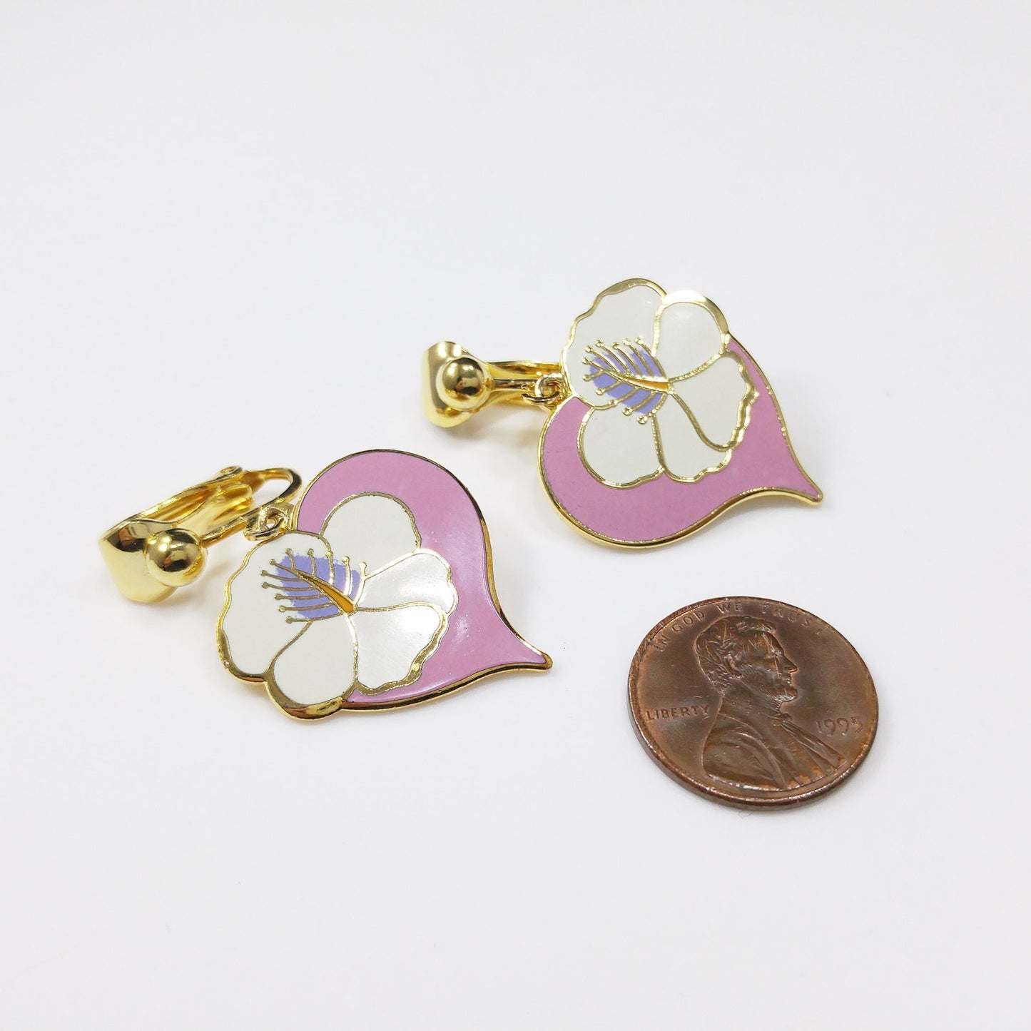 Vintage Laurel Burch "Hibiscus Heart" Clip Earrings, Cloisonne Gold Plated, 1980