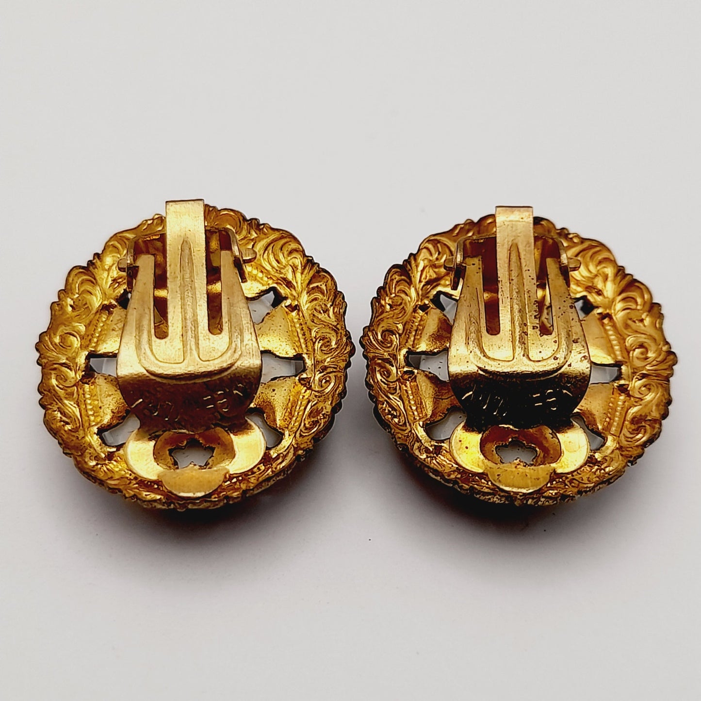 West Germany Vintage Brooch Earrings Twin Pins Set, Portrait Transfer Glass Gold Tone
