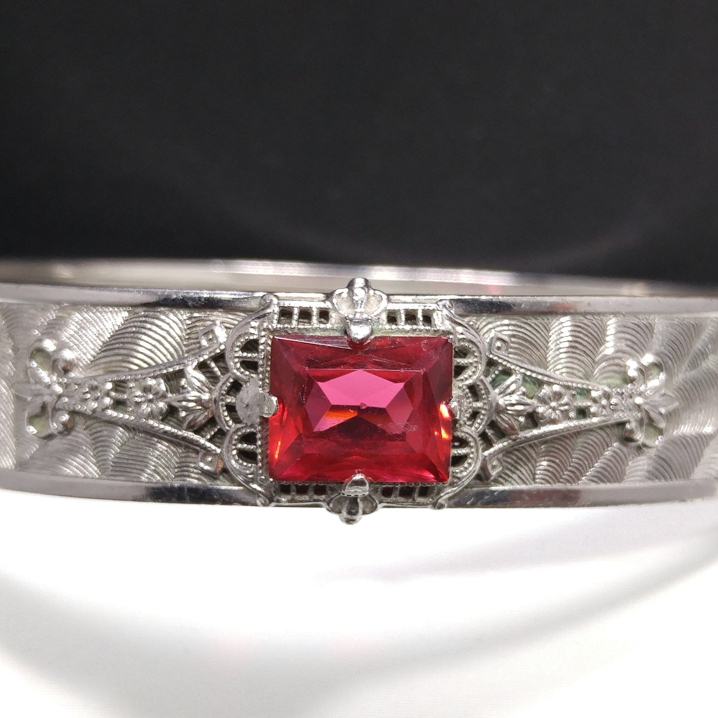 Emerald Cut Red Rhinestone Hinged Bracelet, Silver Tone, 1970s Vintage Jewelry
