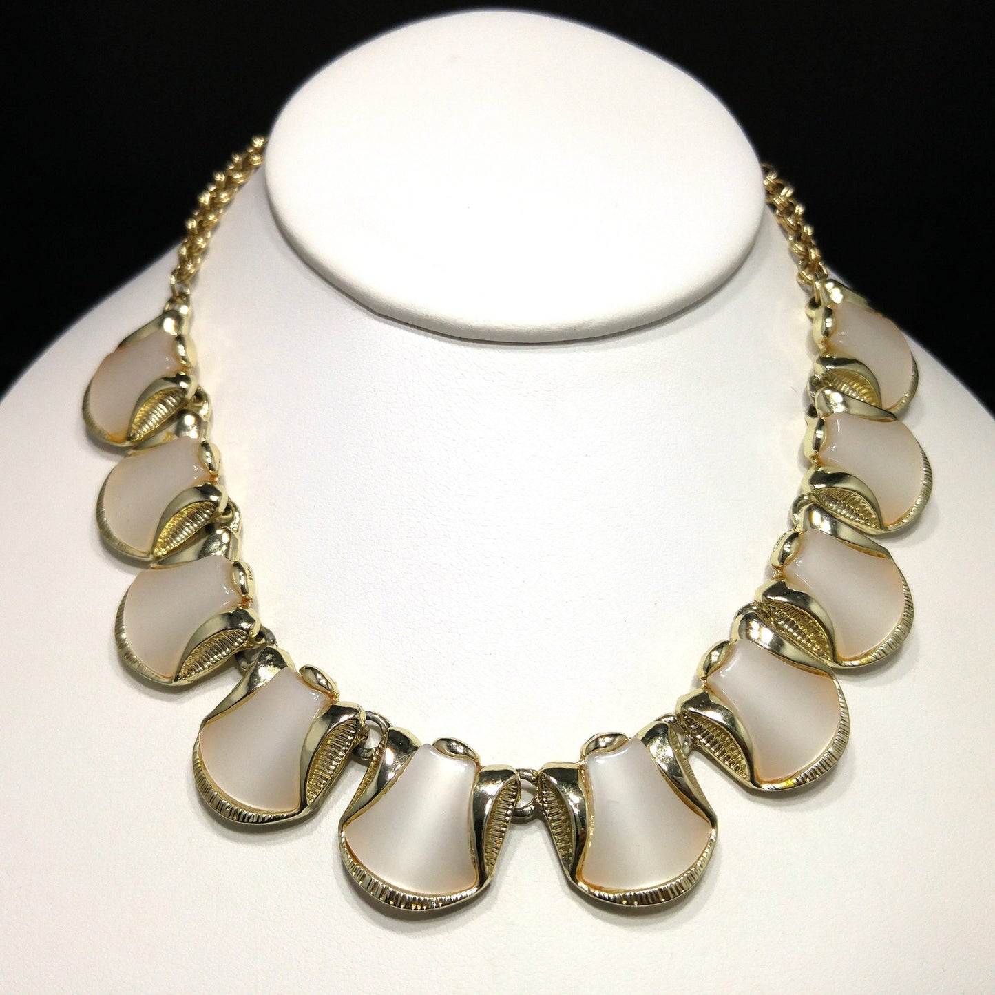 Mid-Century White Moonglow Choker Necklace, Gold Tone, 1950s Vintage Jewelry