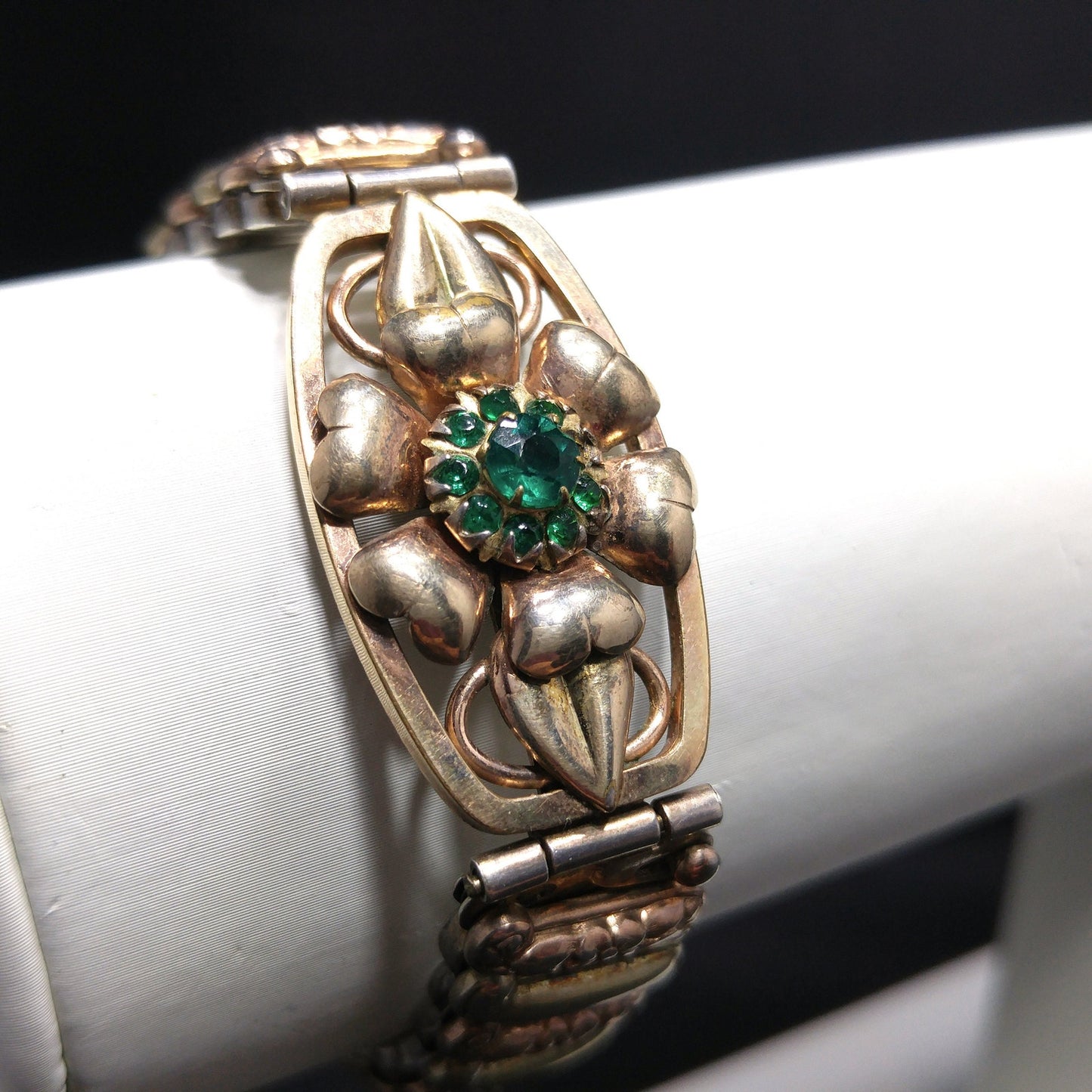Antique Lustern Expansion Bracelet, 12KGF Sterling, Green Rhinestones, 1920s Vintage Jewelry