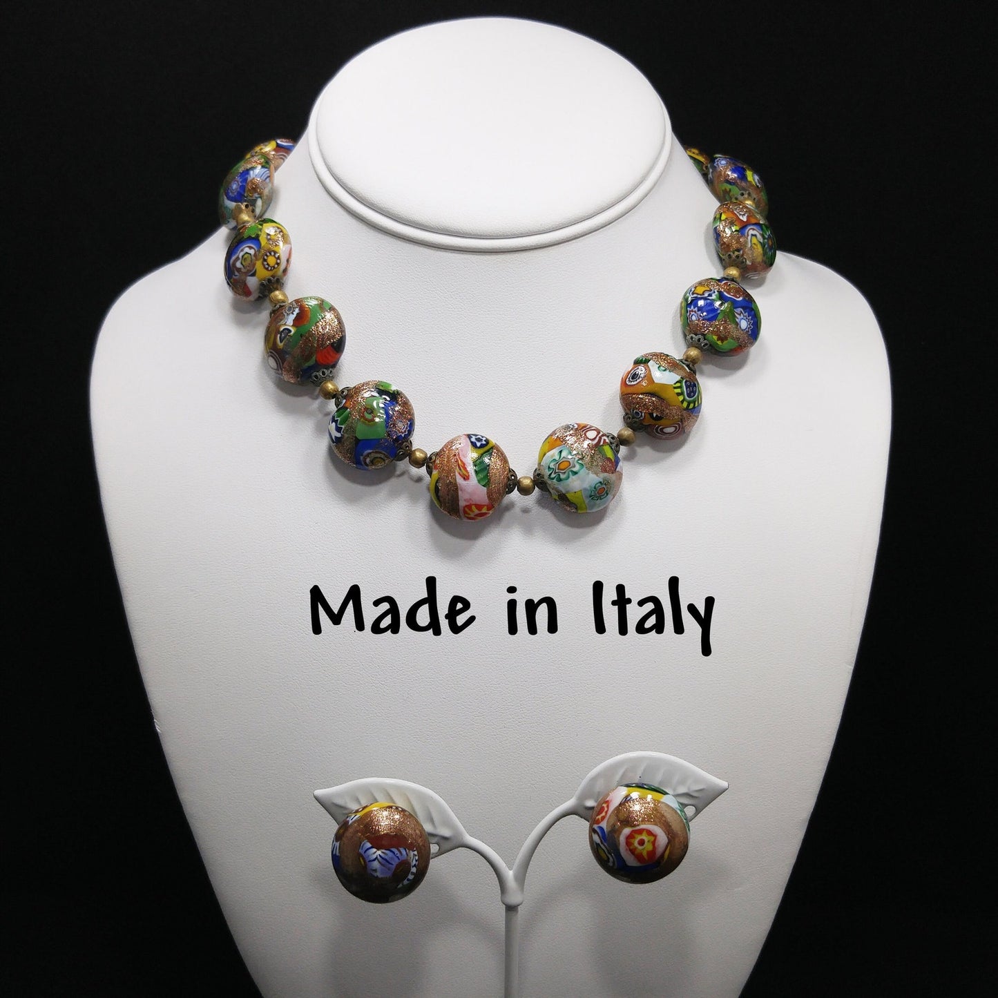 Italian Millefiori Venetian Glass Necklace & Earrings, Aventurine Glitter Beads