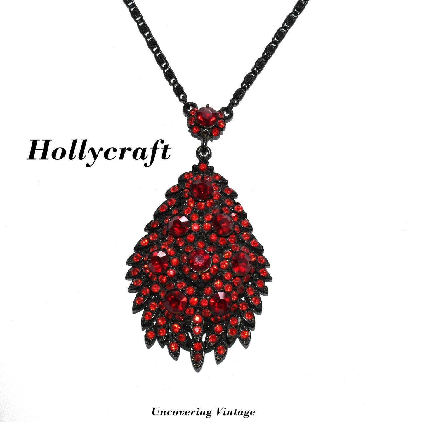 Rare Hollycraft Red Rhinestone Pendant Necklace, Black Enamel Japanned, 1950s Vintage Jewelry