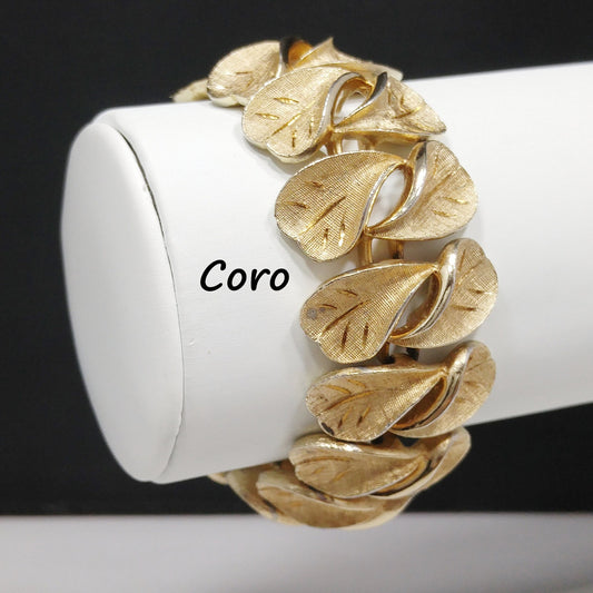 Coro Pegasus Brushed Leaf Wide Bracelet, Gold Plated, Safety Chain, 1940s Vintage Jewelry