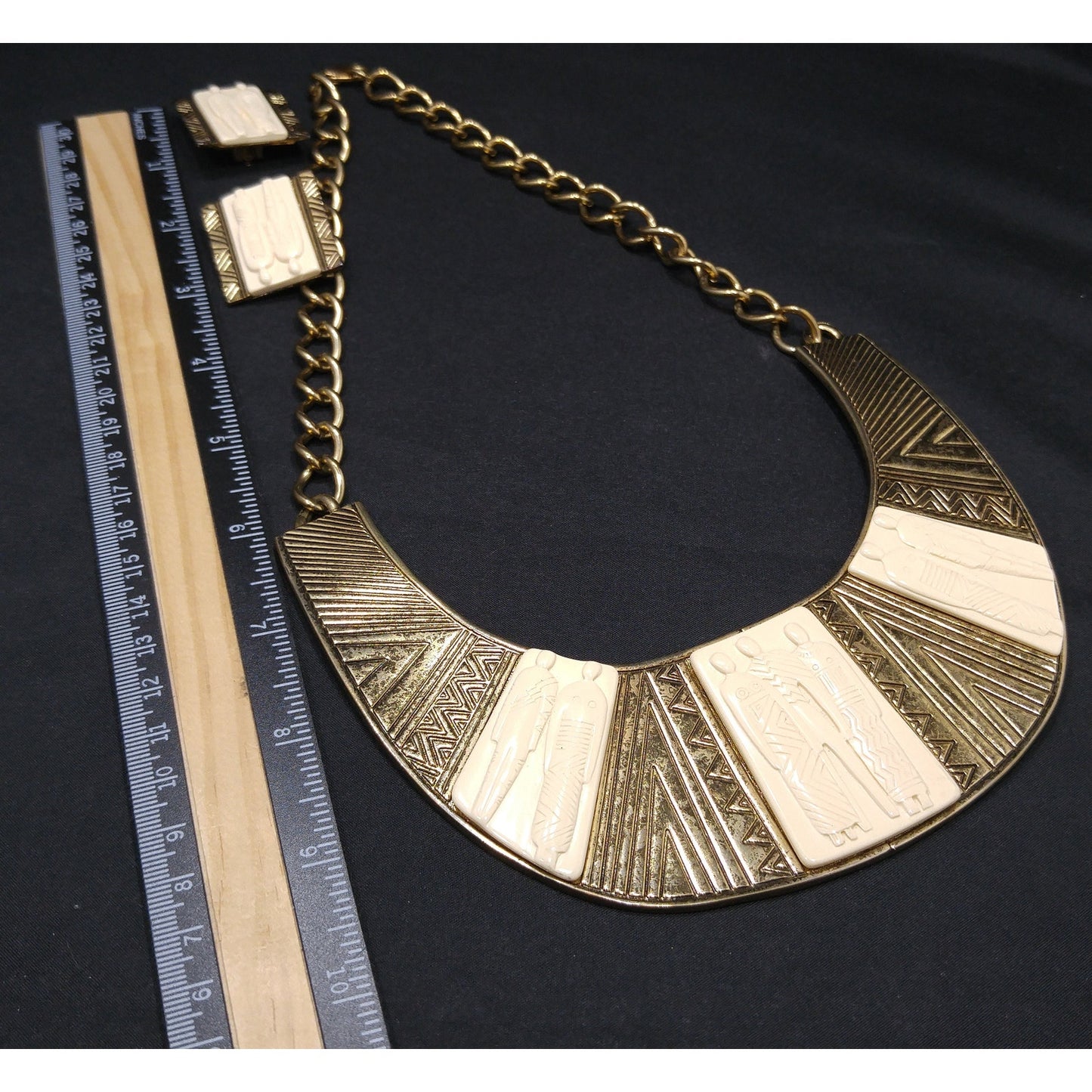 Laurel Burch Tribal Necklace & Clip Earrings, Lucite Gold Plate, 1980s Vintage Jewelry