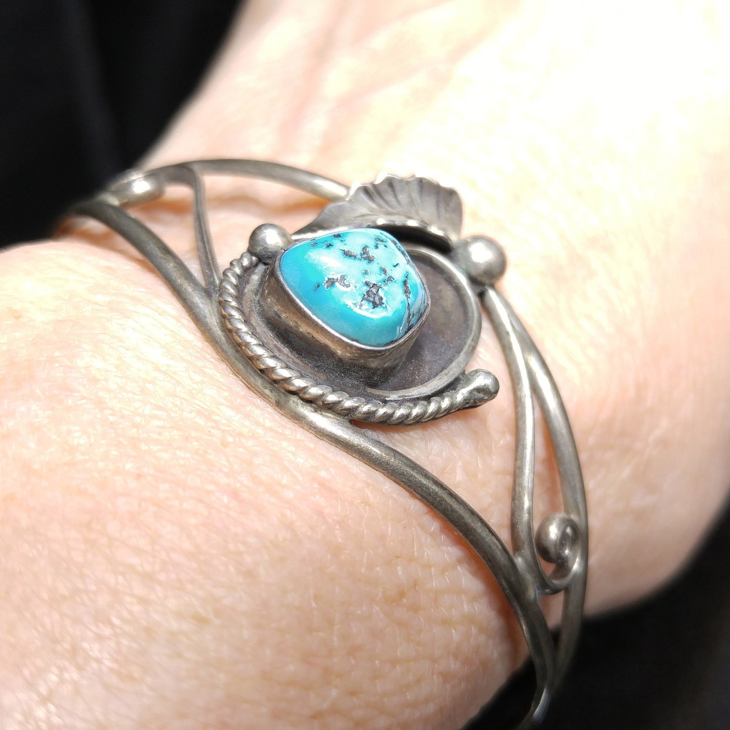 D & J Clark Navajo Bracelet, Silver Turquoise Cuff, 1960s Vintage Jewelry