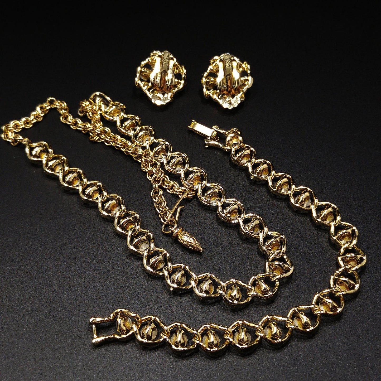 Aurora Borealis Rhinestone Necklace Bracelet & Earrings, Gold Plated, 1960s Vintage Jewelry