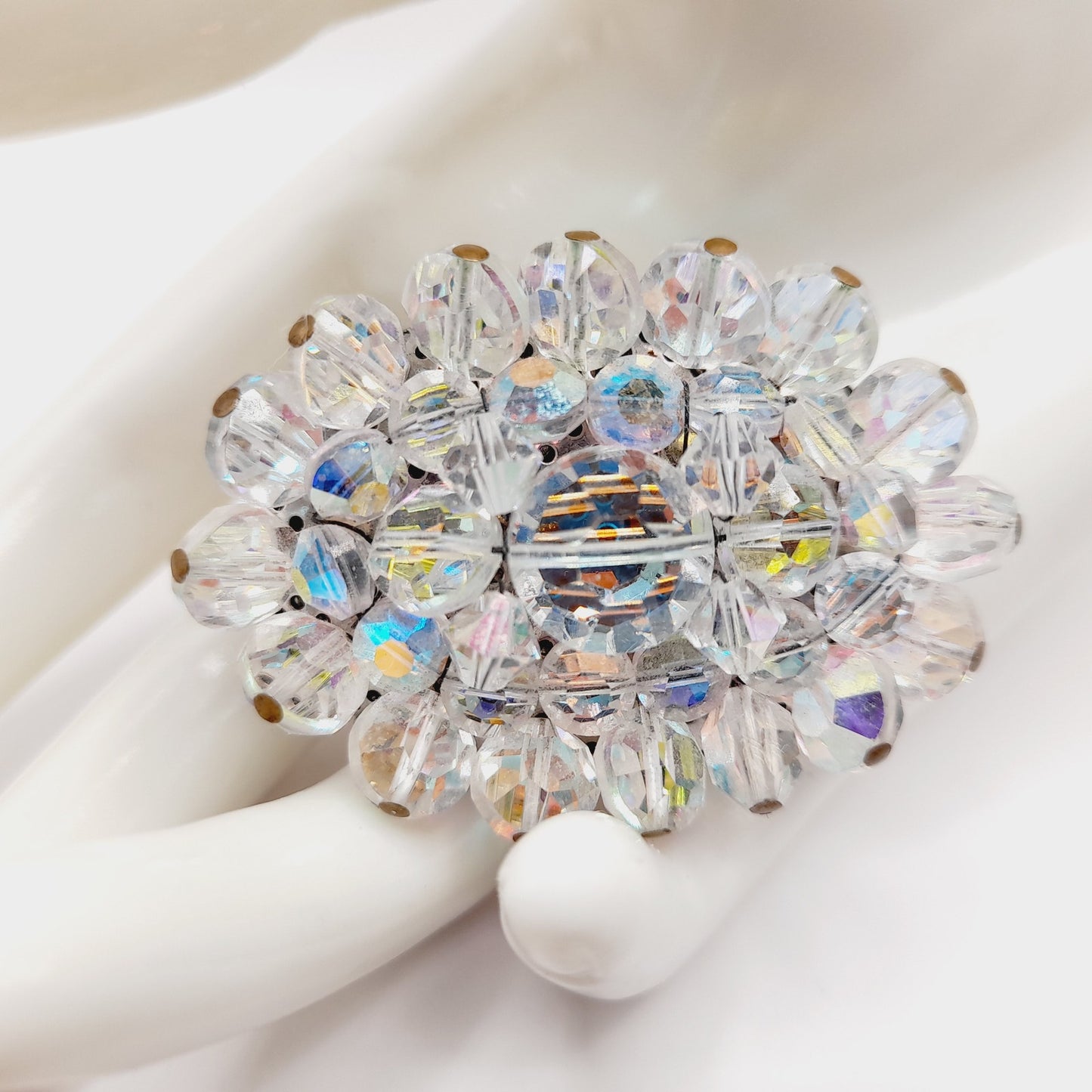 Vintage 1960s Crystal Aurora Borealis Faceted Bead Oval Brooch – 2 Inch Pin