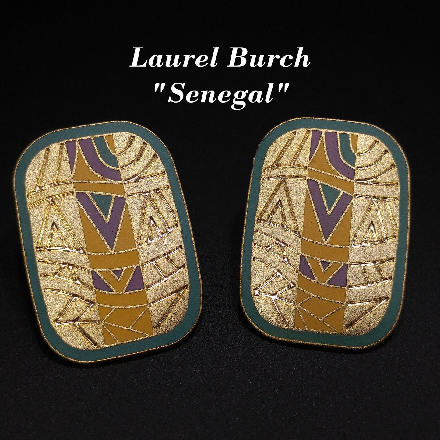 Laurel Burch "Senegal" Large Post Earrings, Cloisonné Gold Plated Enamel, 1980s Vintage Jewelry
