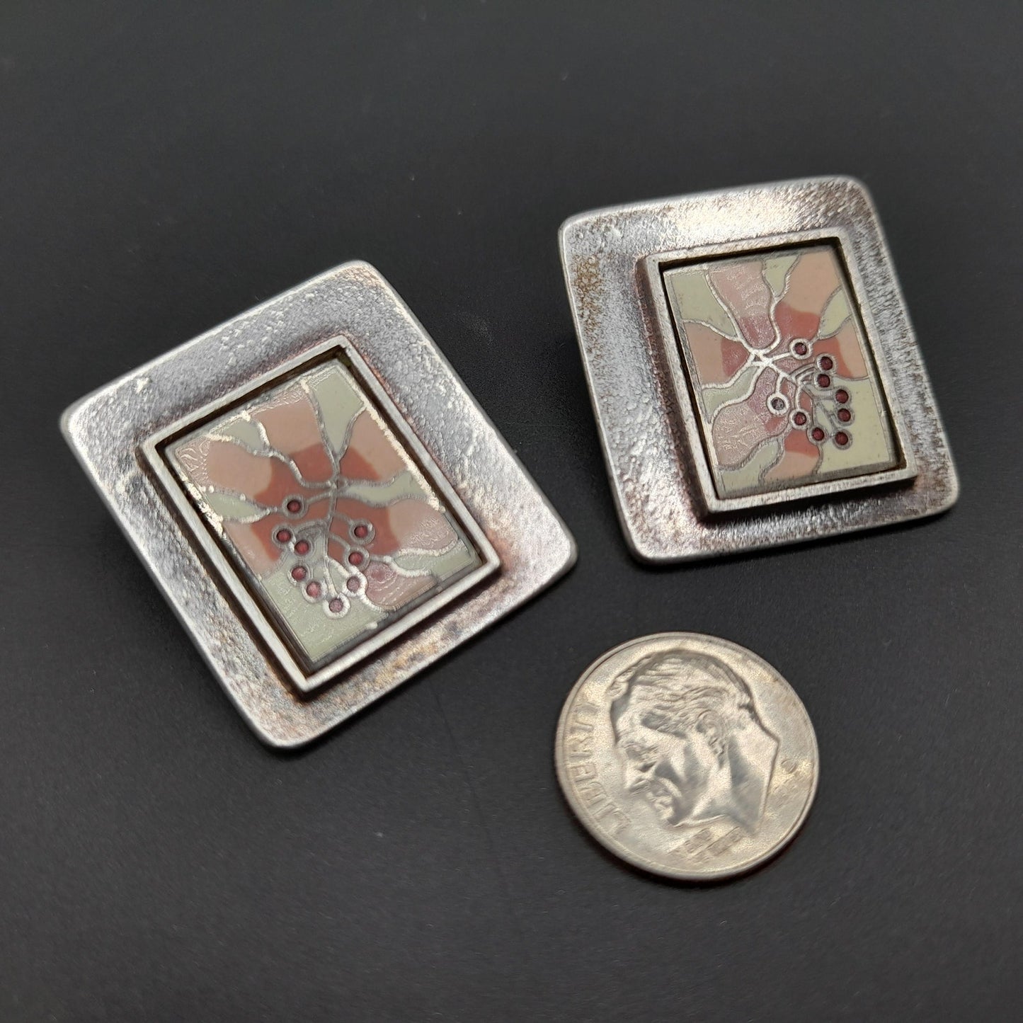 Laurel Burch Pink Flower Clip Earrings, Silver Plate, Cloisonne Enamel, 1980s Vintage Jewelry