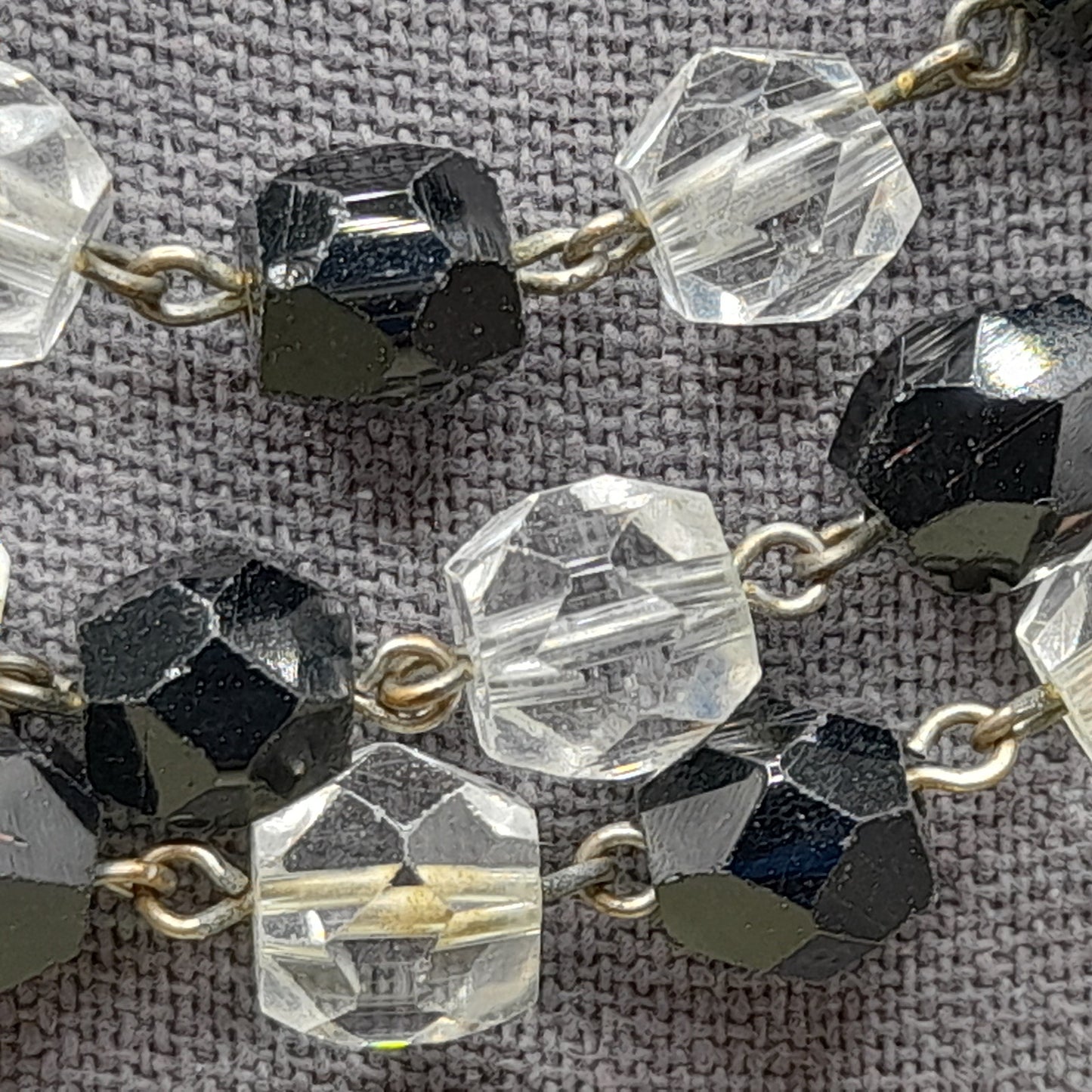 Vintage Art Deco Black and Clear Crystal Necklace – 1920s Wire Wrapped Flapper Beads – 53 Inches