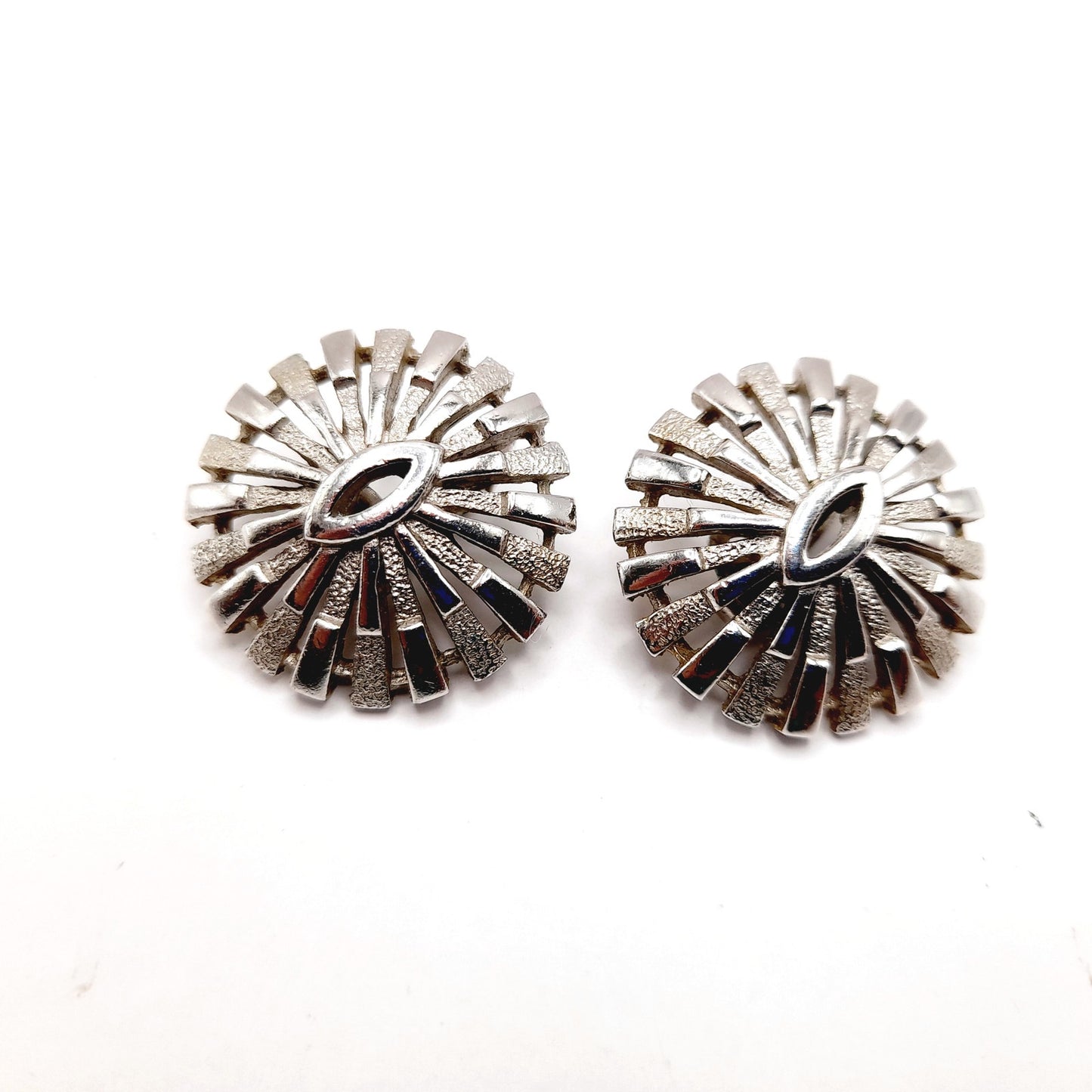 Vintage Crown Trifari Rhodium Plated Clip Earrings, Mid-Century Sunburst Jewelry