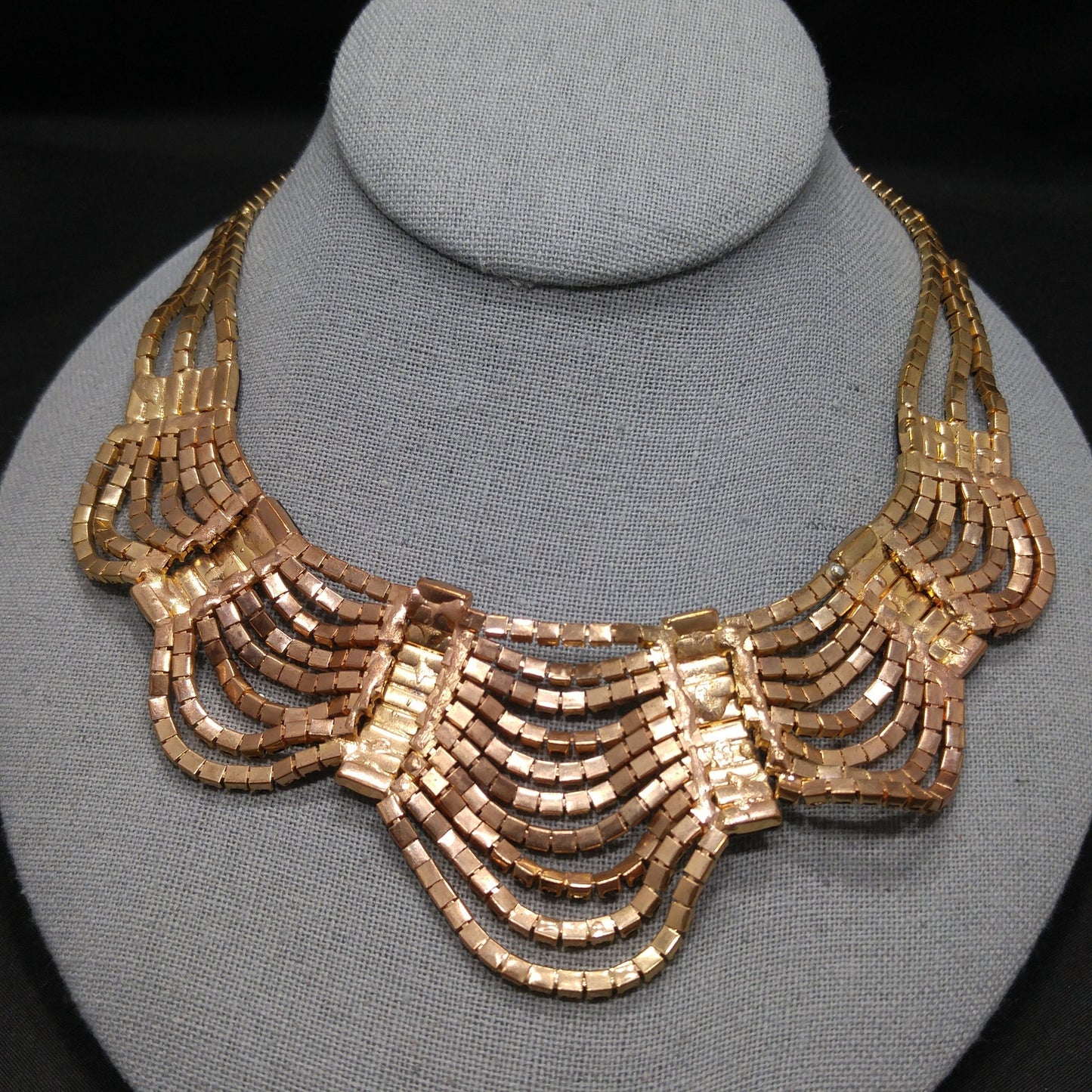 Black Rhinestone Festoon Necklace, Gold Plated, 1950s Vintage Jewelry
