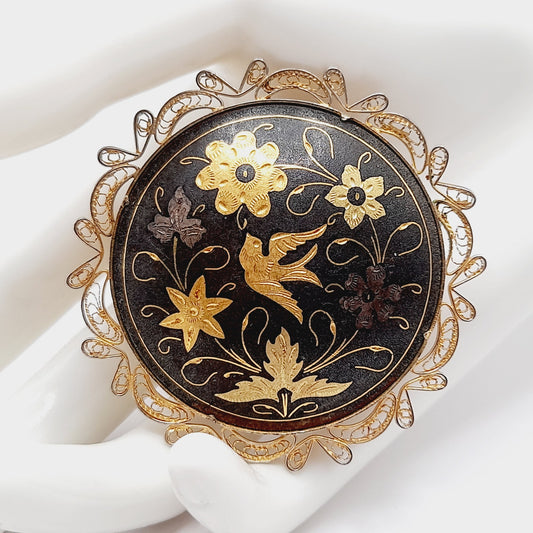 Vintage Spanish Damascene Filigree Bird Flower Gold Inlay Brooch – 2 1/4”