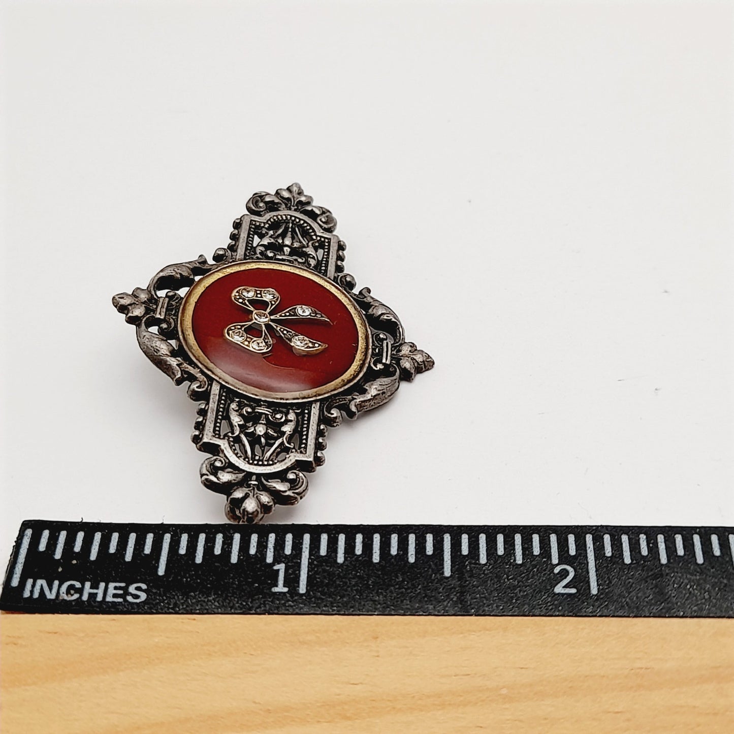 Vintage Catherine Popesco Art Deco Red Enamel Silver Plated Brooch
