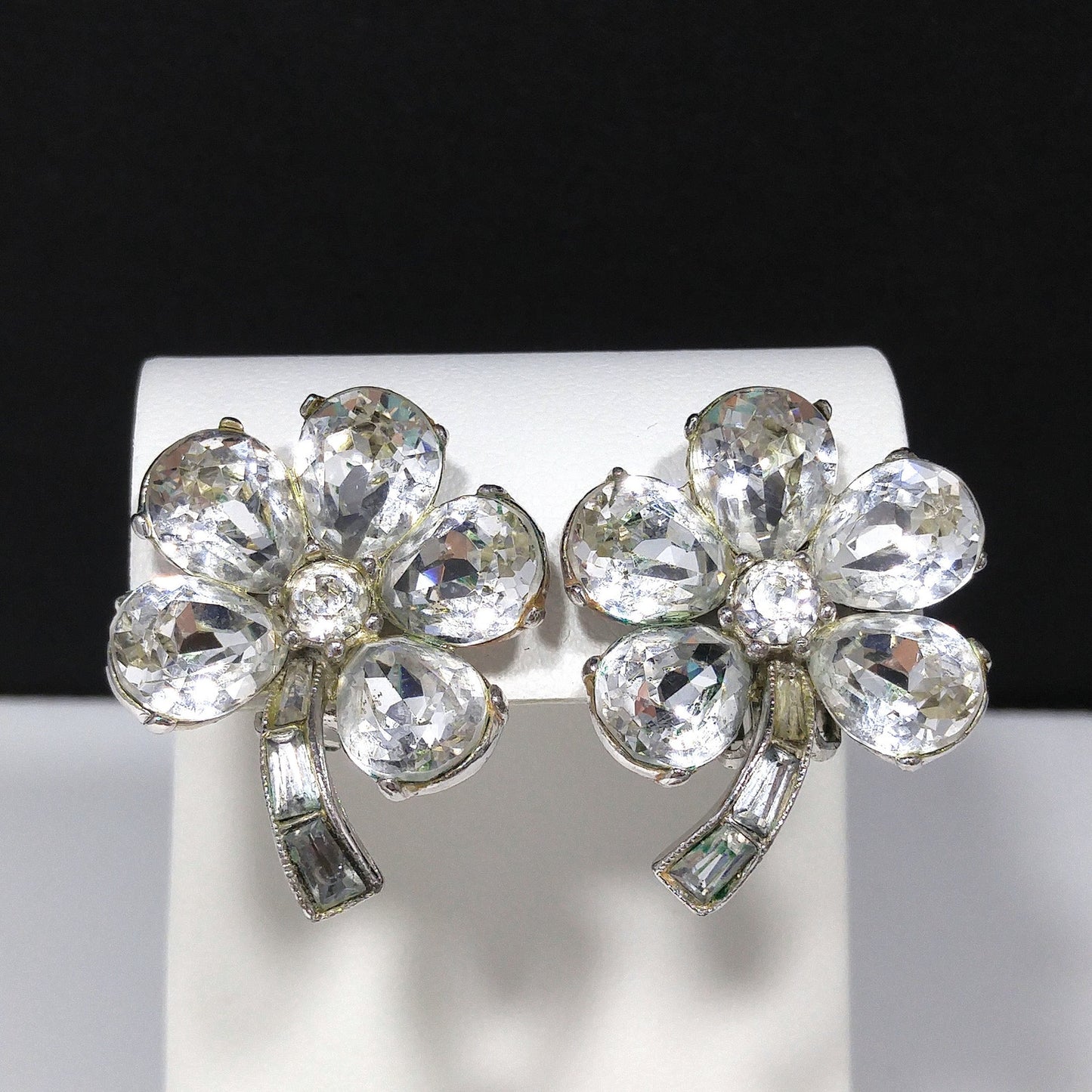 Bogoff Clear Rhinestone Floral Earrings, Rhodium Plated, Wedding Earrings, 1950s Vintage Jewelry