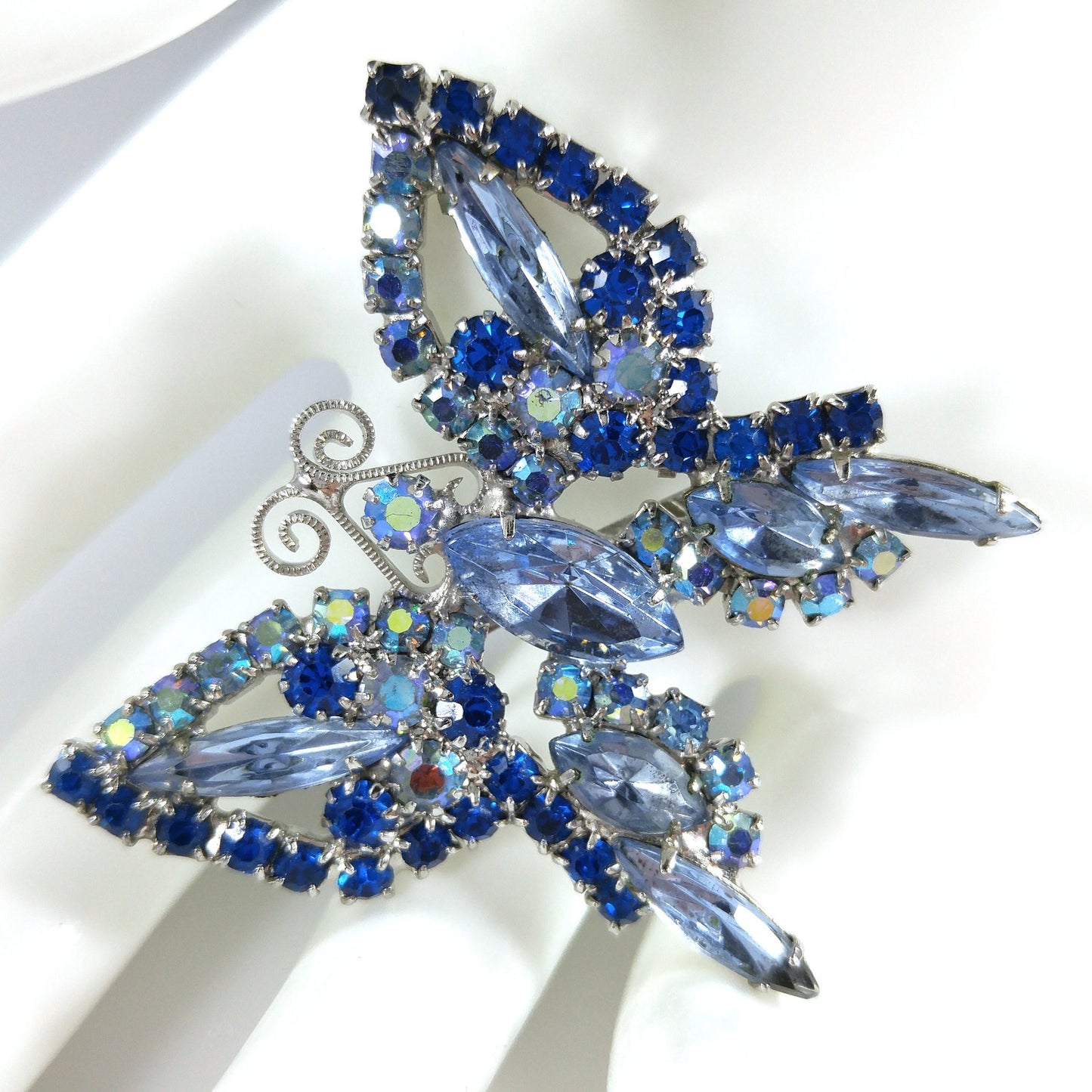 Blue Butterfly Brooch, Aurora Borealis, Rhodium Plated, 1960s Vintage Jewelry