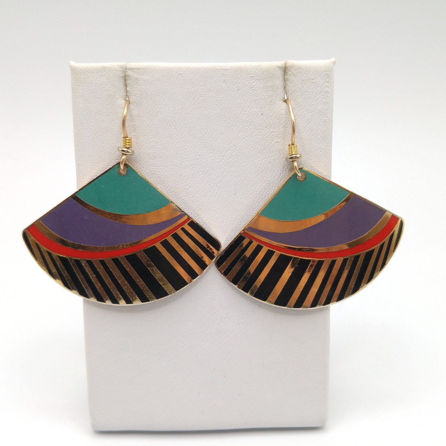 Vintage Laurel Burch Madrid Fan Earrings, Gold Plated, Teal Purple Black Enamel