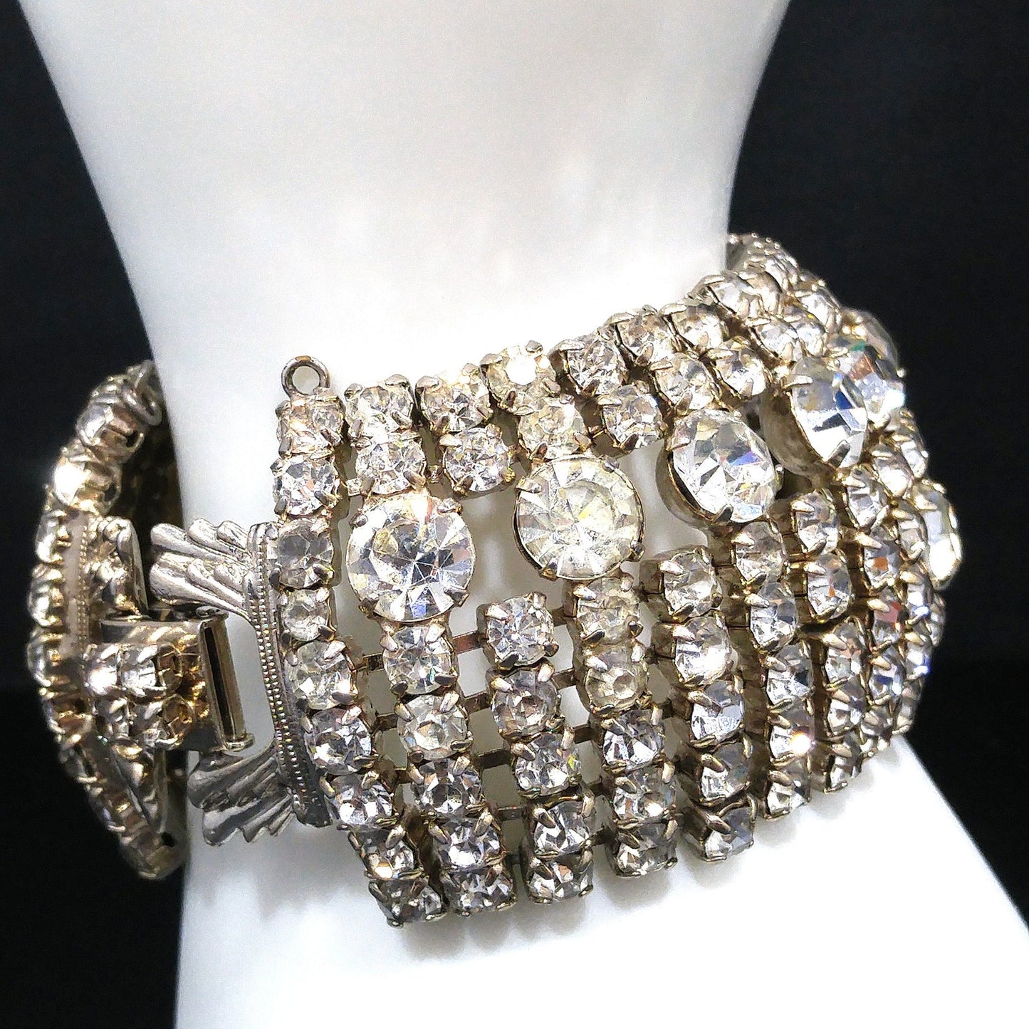 Mid Century Clear Rhinestone Wide Bracelet, 22K Gold Plate, 1950s Vintage Jewelry