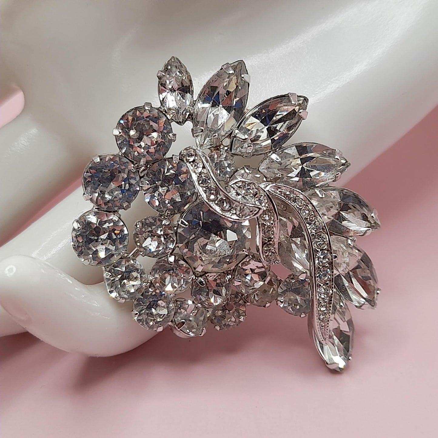 Vintage Clear Rhinestone Brooch, Rhodium Plated, 1960s, 2 1/4 Inches