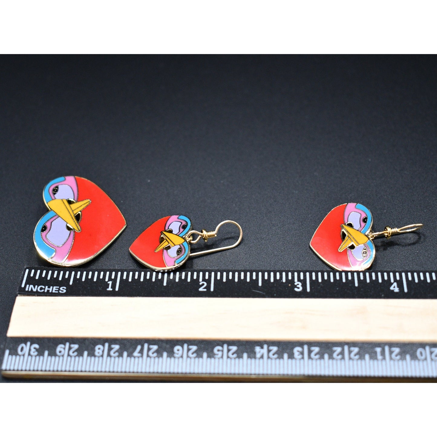 Laurel Burch "Bird Heart" Red Brooch & Earrings, Gold Plated Cloisonne Enamel, 1980s Vintage Jewelry