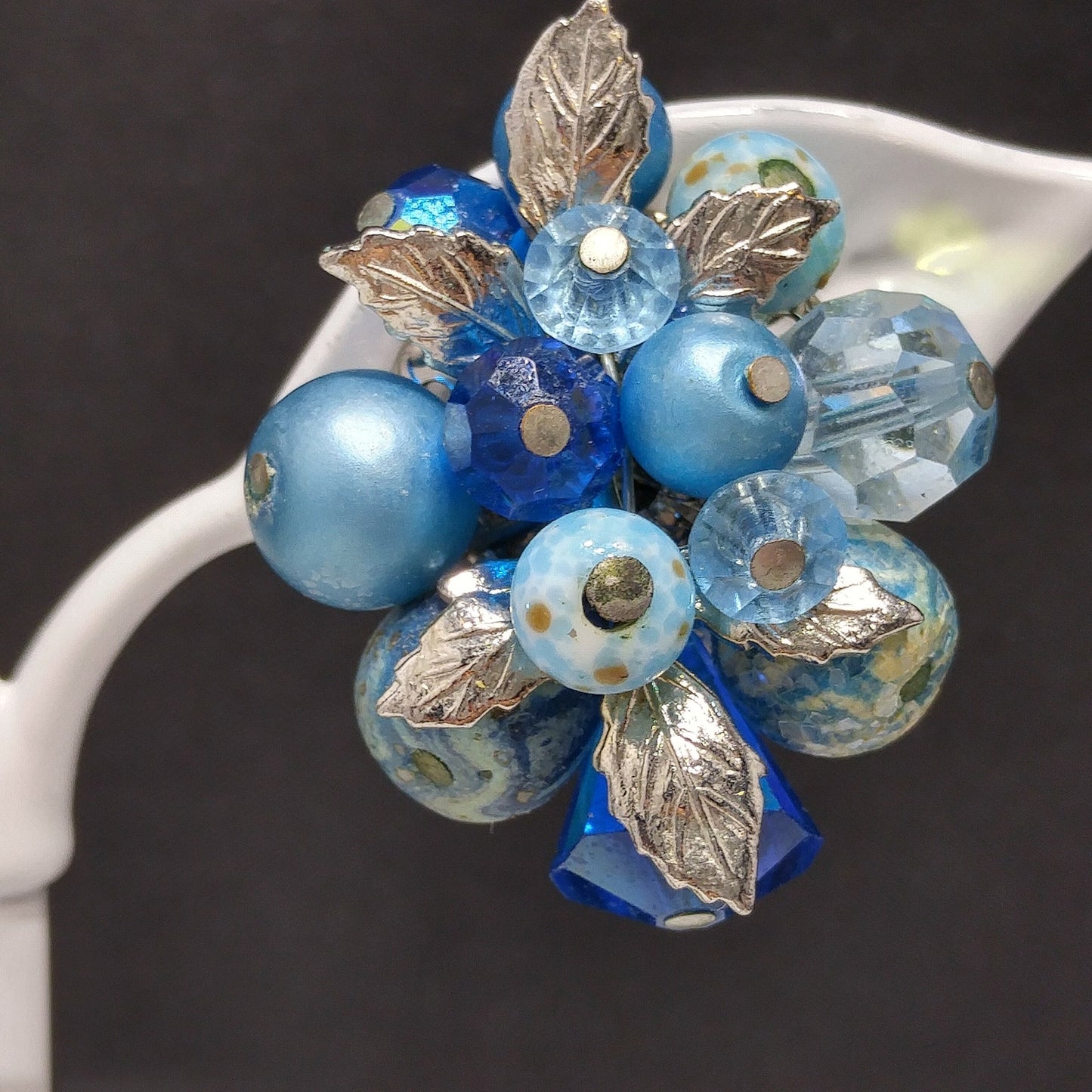 Vendome Blue Beaded Clip Earrings, Aurora Borealis, Silver Leaves, 1960s Vintage Jewelry