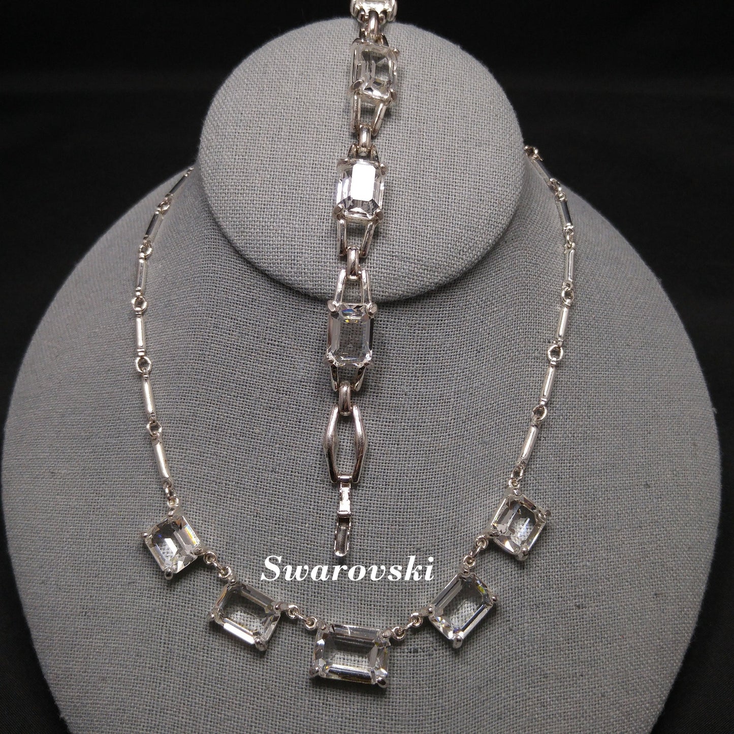 Vintage Swarovski Swan Logo Emerald Cut Crystal Necklace & Bracelet Set 1990s