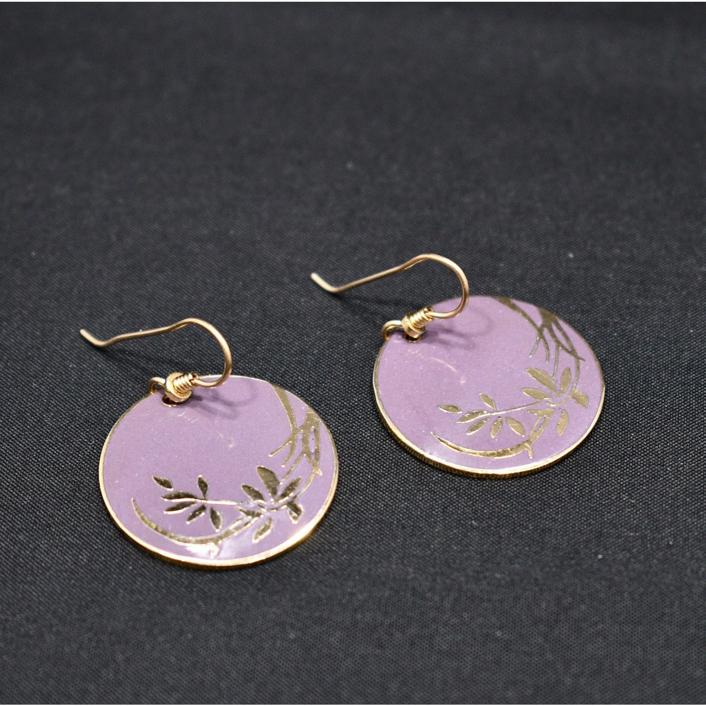 Vintage Laurel Burch Floral Gold Plated Earrings, Purple Enamel