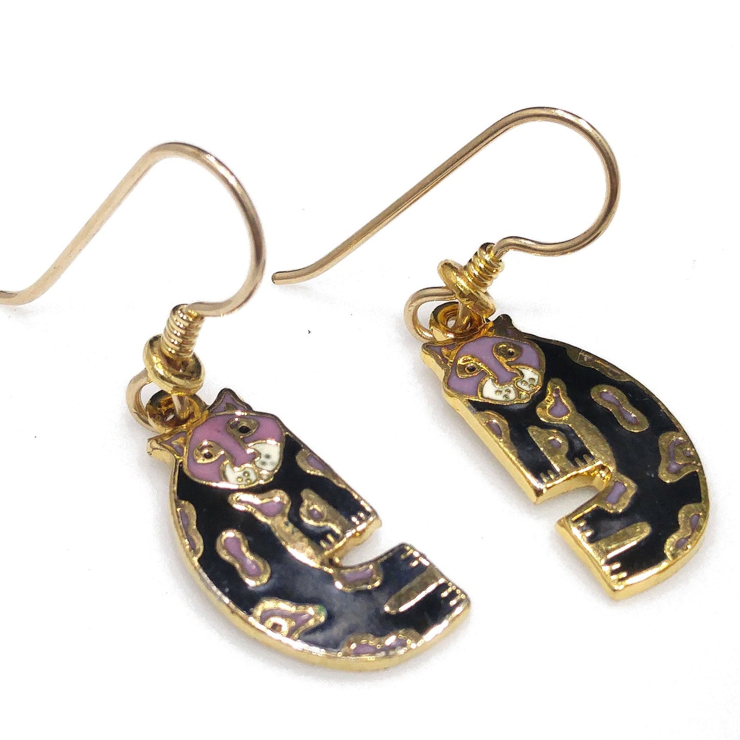 Laurel Burch Baby Snow Leopard Earrings, Cloisonne Black Enamel, Gold Plated, 1980s Vintage Jewelry