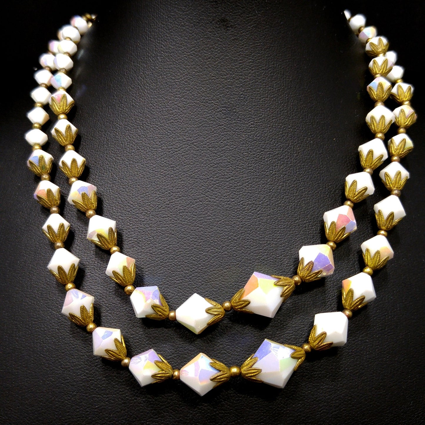 White Crystal Fire Polished Two Strand Necklace, Golden Brass End Caps, 1950s Vintage Jewelry
