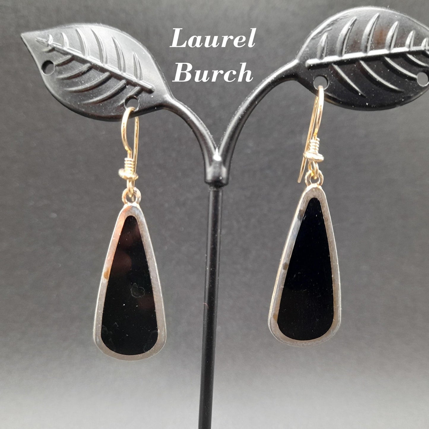 Vintage Laurel Burch Long Teardrop Black Enamel Earrings, Gold Plated 1980s