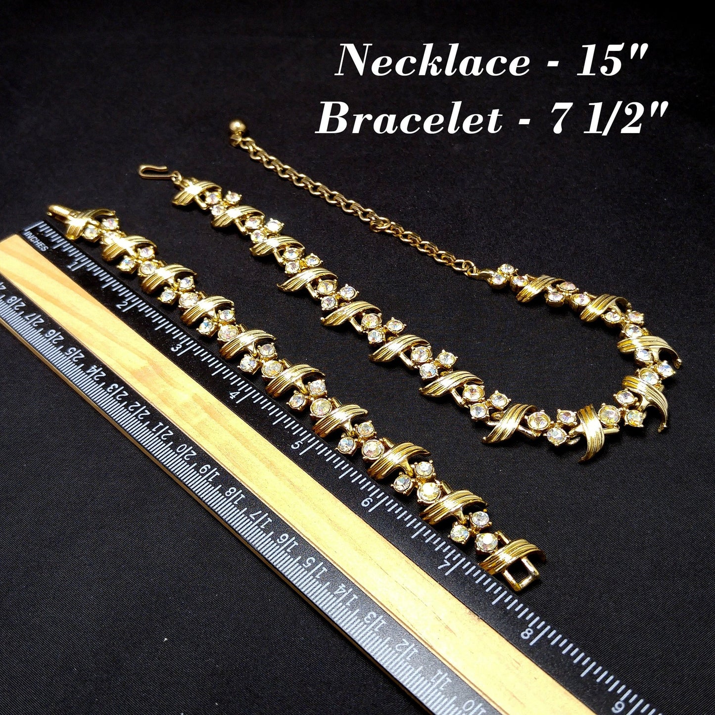 Vintage Aurora Borealis Rhinestone Necklace Bracelet Set, Gold Plated, 1960s Vintage Jewelry