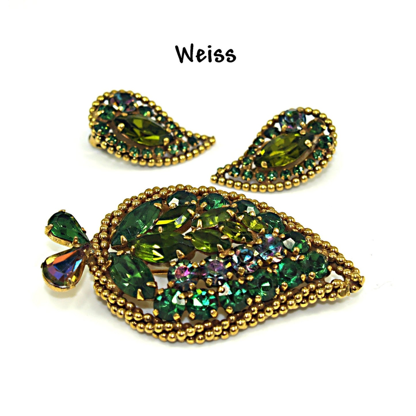 Weiss 1950s Emerald & Vitrail Rhinestone Leaf Brooch & Earrings Set – Gold Beaded Design