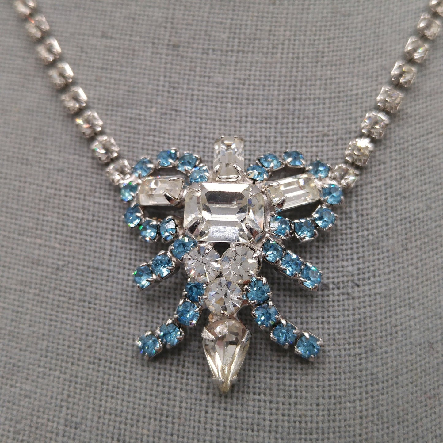 Mid-Century Turquoise Blue Clear Rhinestone Choker Necklace, Rhodium Plated, 1960s Vintage Jewelry