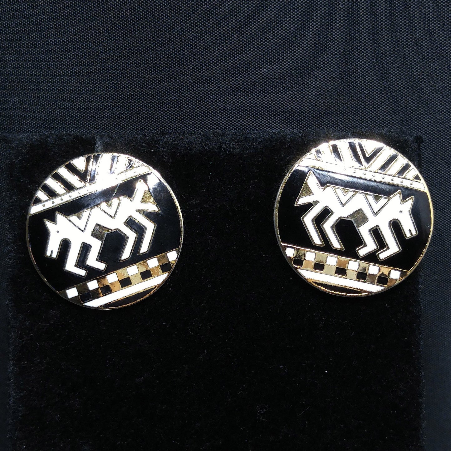 Laurel Burch "Coptic Horse" Earrings, Gold Plated, Black & White Enamel, 1980s