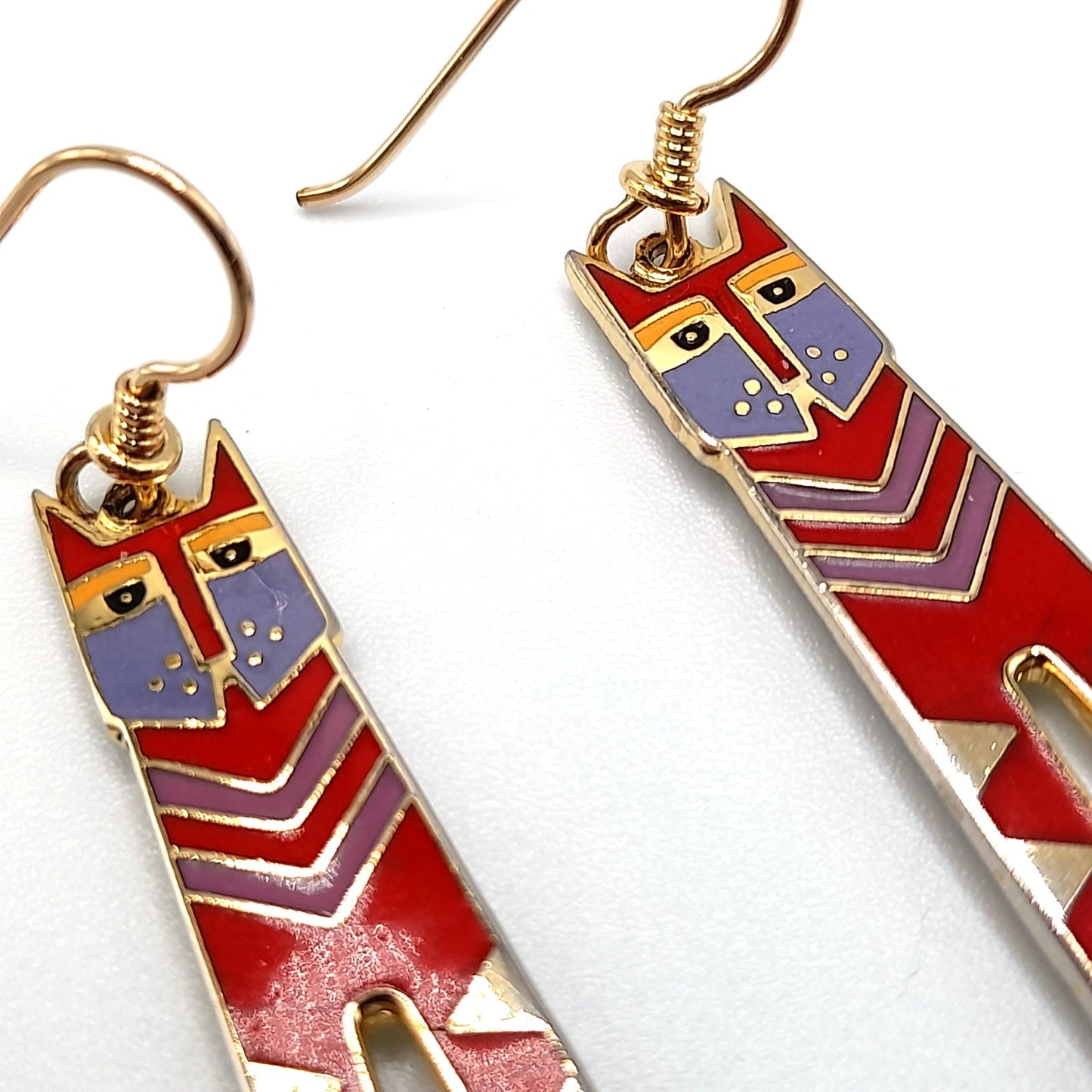 Laurel Burch Red Nubian Cat Earrings, Gold Plated, Tall Red Enamel Cats, 1980s Vintage Jewelry