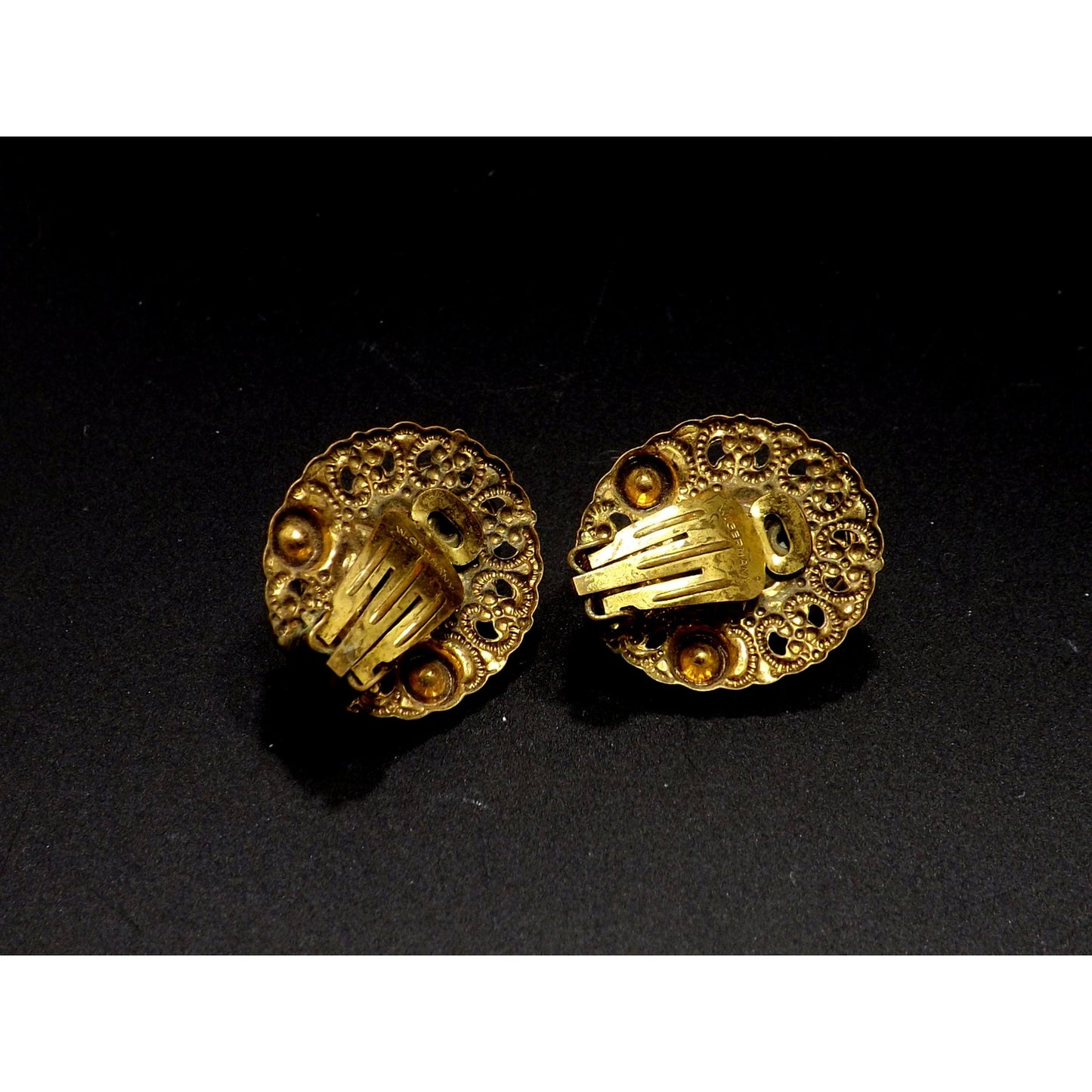 West Germany Art Glass Clip Earrings, Filigree Background, 1950s Vintage Jewelry