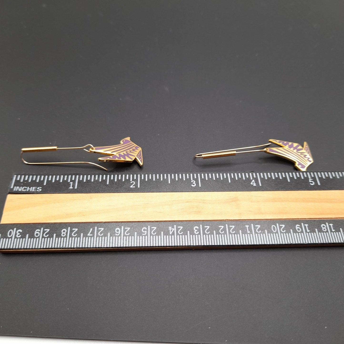Laurel Burch Long Ear Wire Bird Earrings, Purple Enamel, Gold Plated, 1990s Vintage Jewelry