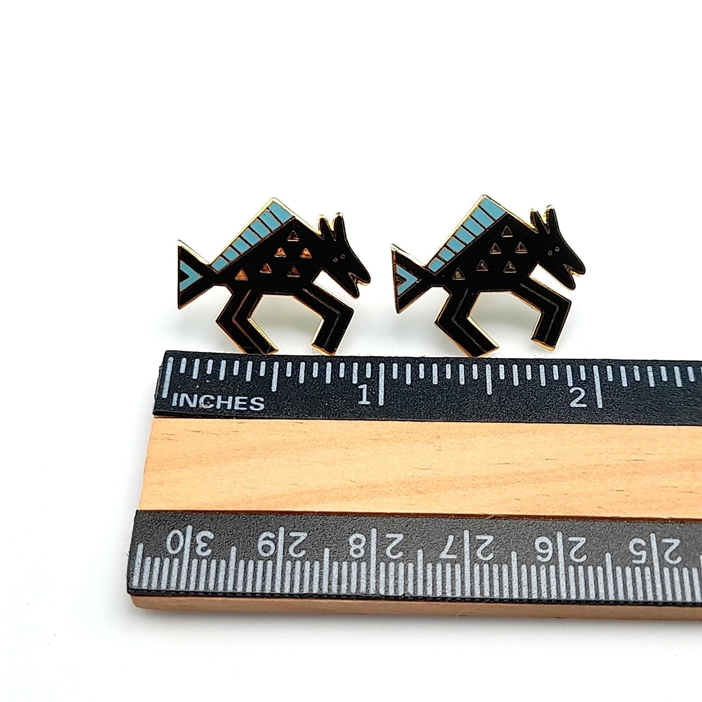 Vintage Laurel Burch "Bison" Post Earrings, Black Blue Enamel, Gold Plated